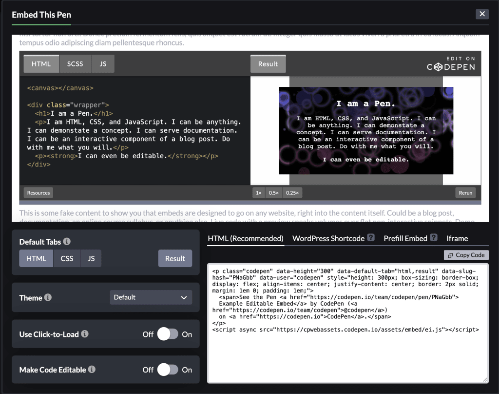 the CodePen embed builder displaying an example embed.