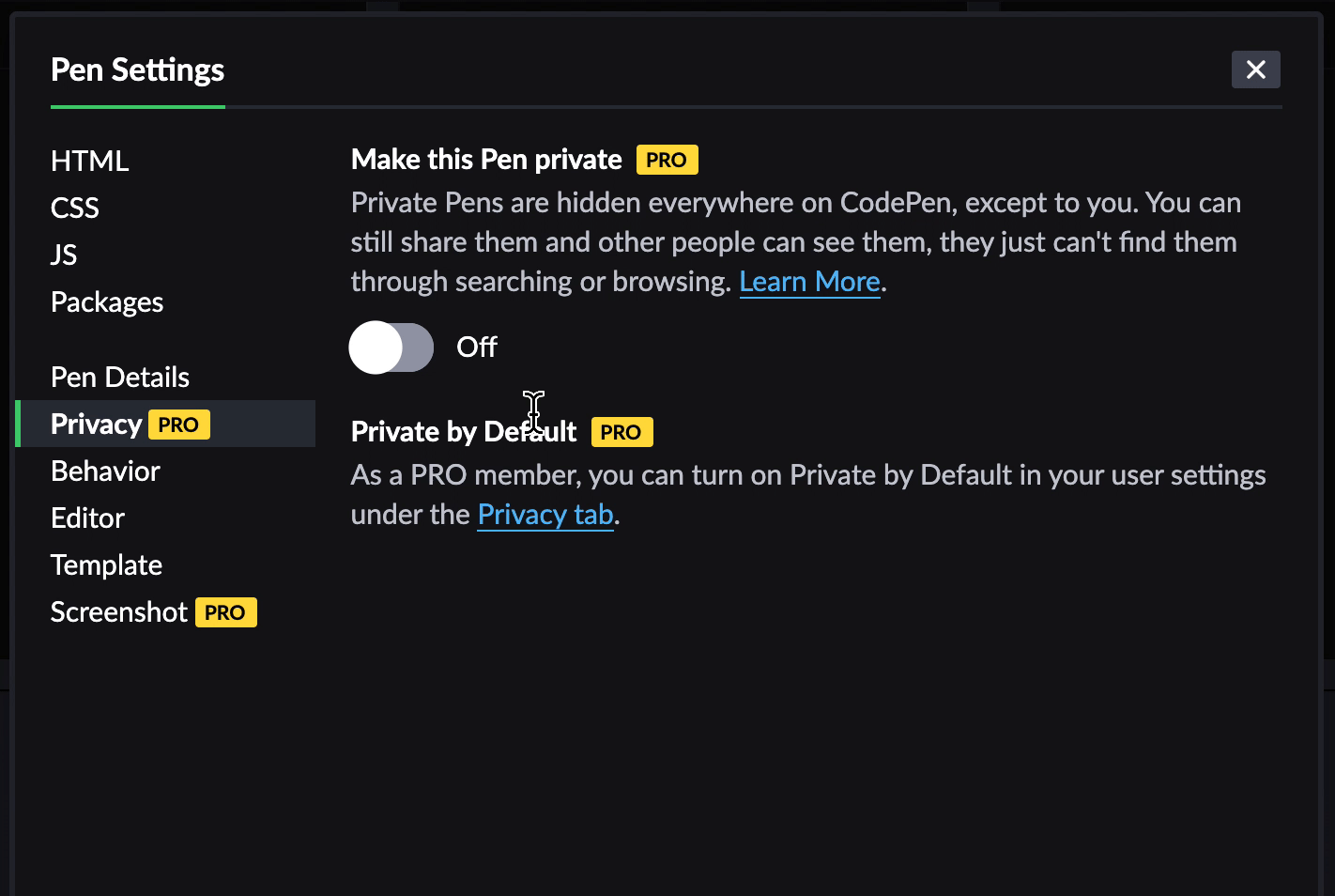 Privacy on CodePen