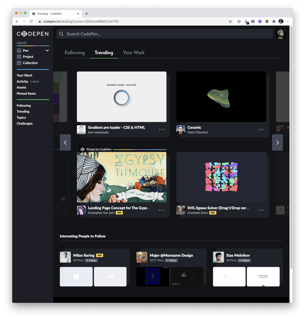 Screenshot of the new CodePen homepage, featuring new Following, Trending, and Your Work tabs.