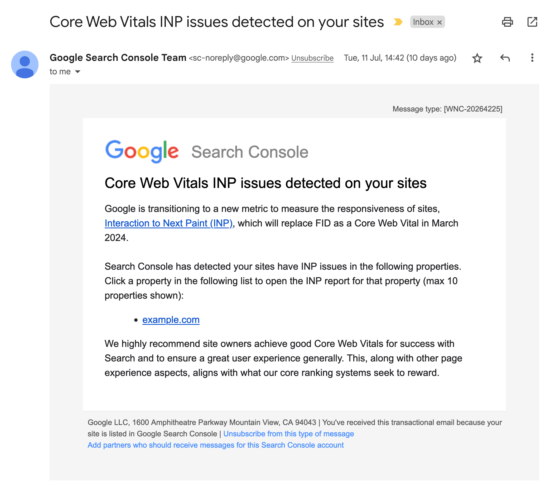 Screenshot showing an example email that Search Console has begun sending site owners to warn them about INP issues