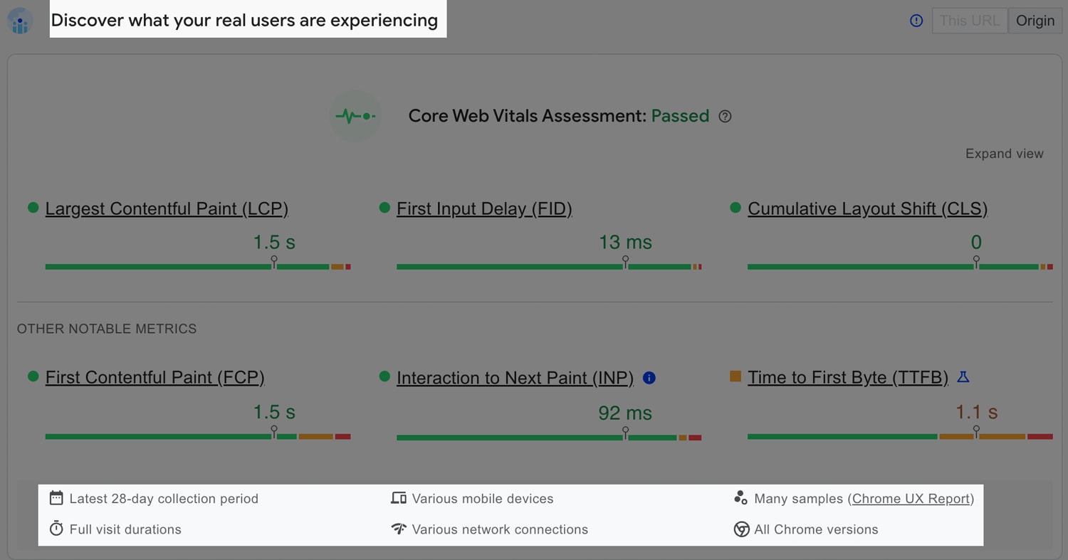 A recent PageSpeed Insights screenshot showing less clear wording around field data