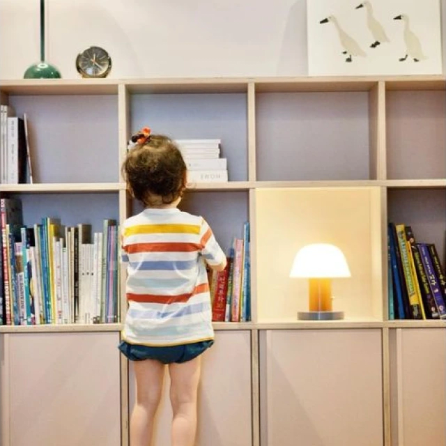 Small kid in front of tall pink sideboard with books