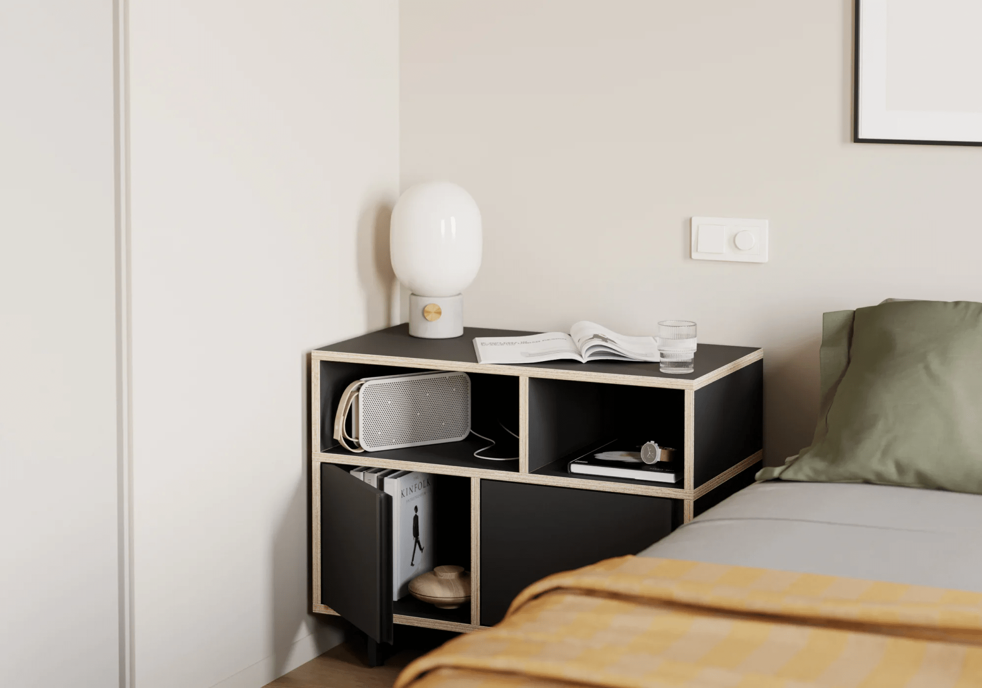 Bedside Table in Black with Doors and Backpanels 2