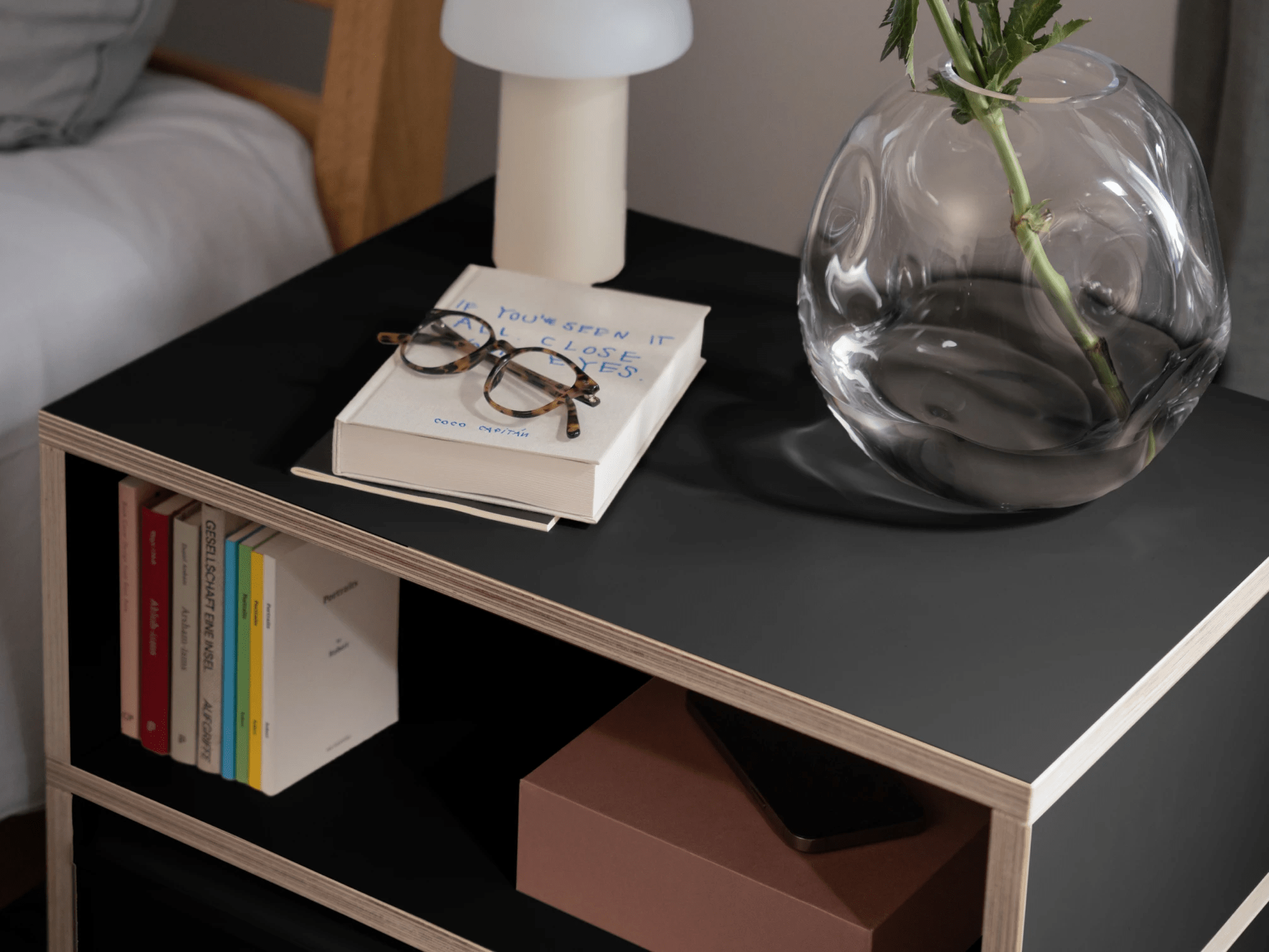 Bedside Table in Black with Drawers and Plinth 3