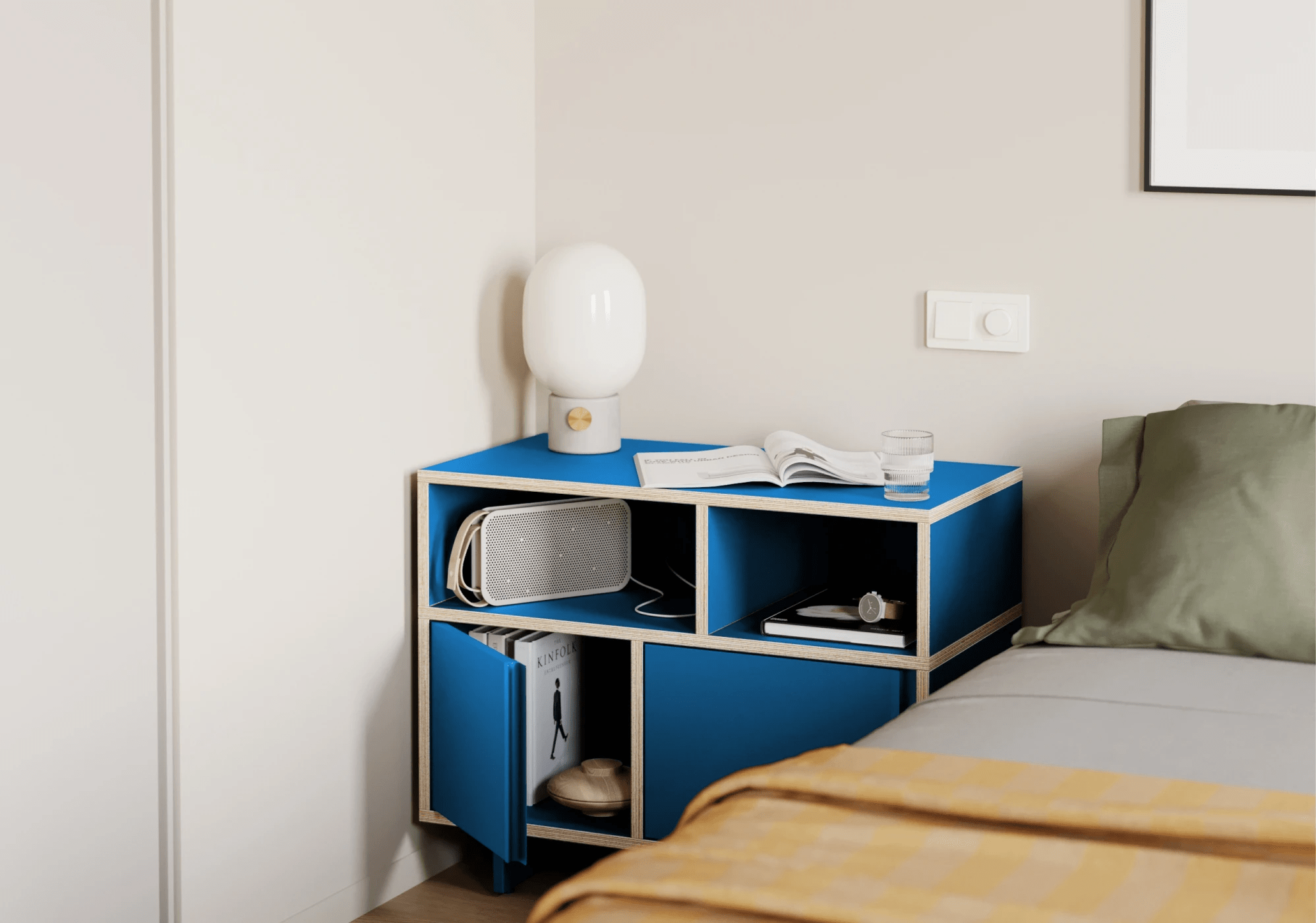 Grosser Blaue Multiplexplatte Nachttisch mit Türen, Schubladen und Ruckwanden multiplexplatten - 92x83x40cm 2