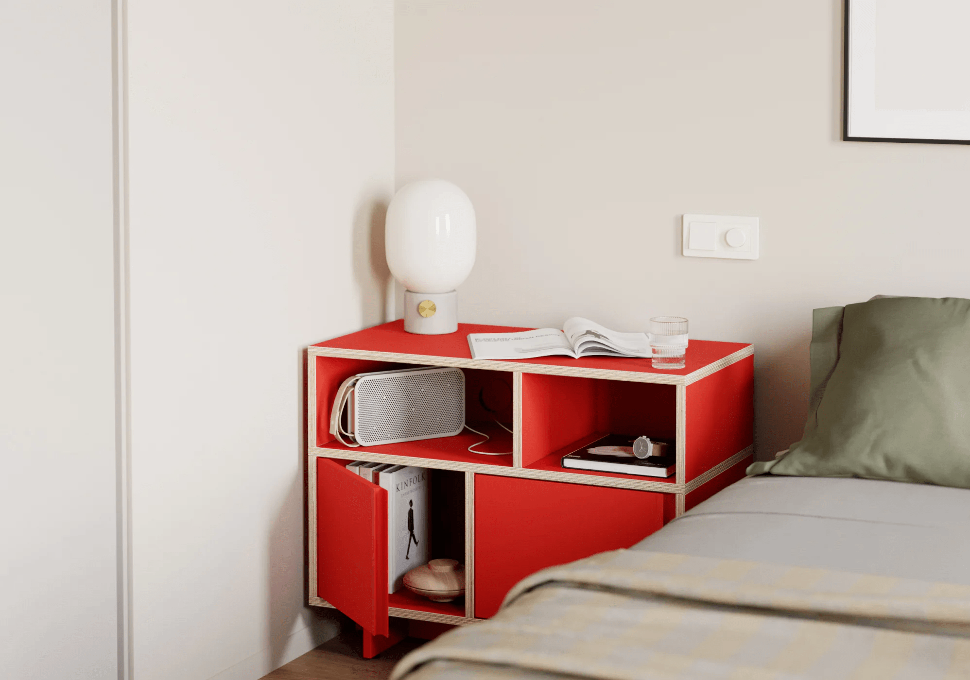 Bedside Table in Red with Drawers and Plinth 2