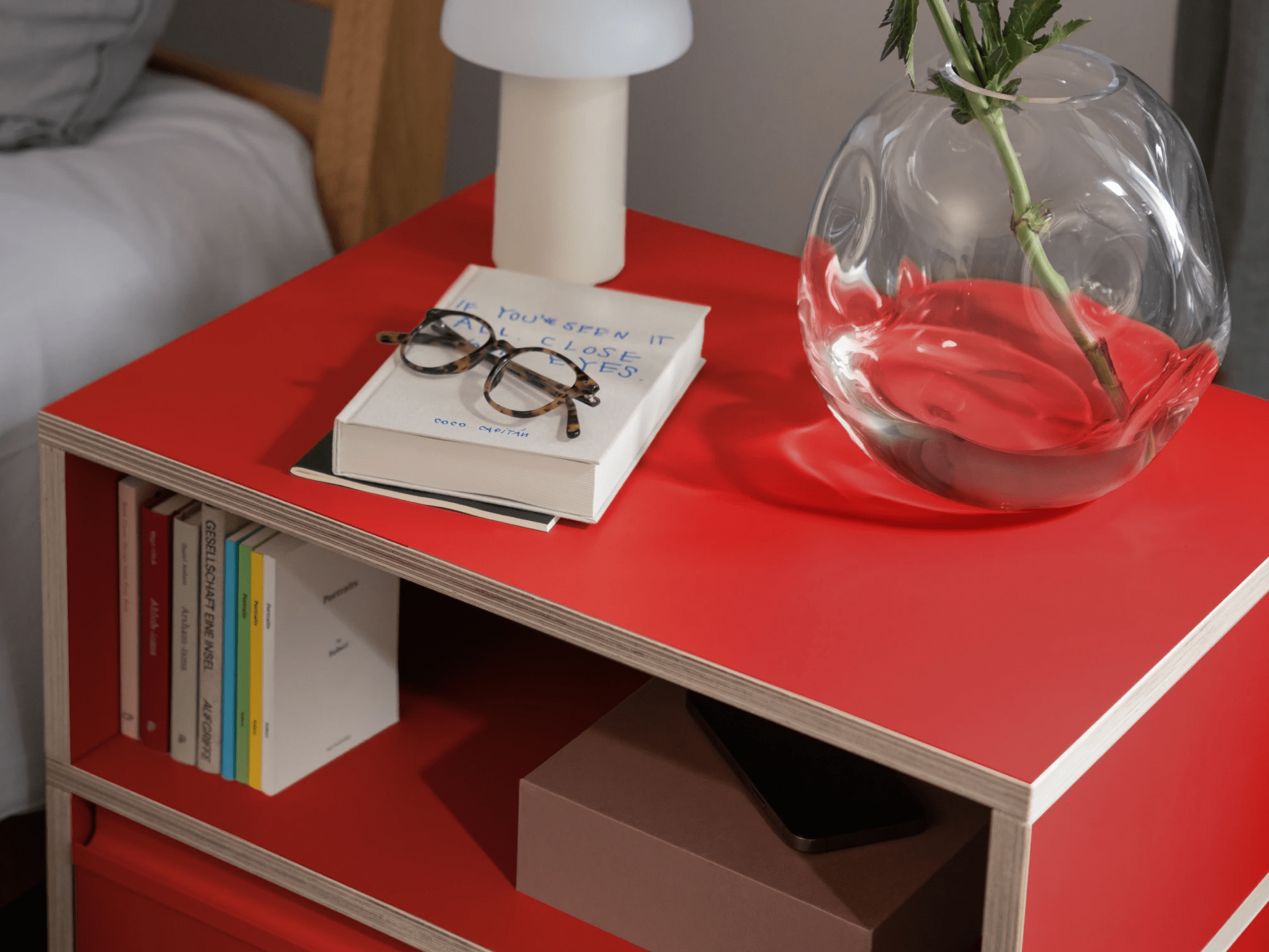 Bedside Table in Red with Doors 3