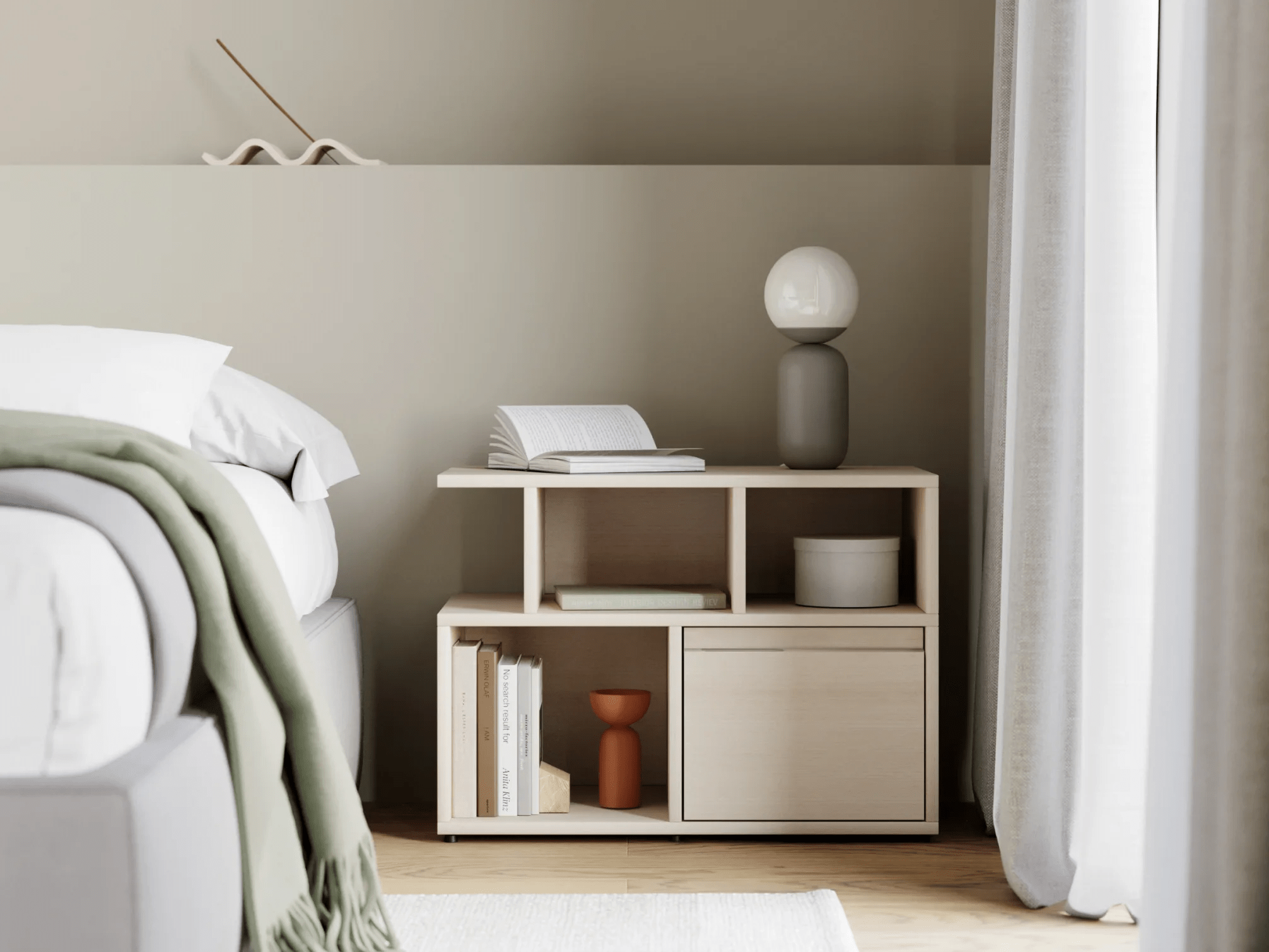 Bedside Table in White Oak with Drawers and Backpanels 2