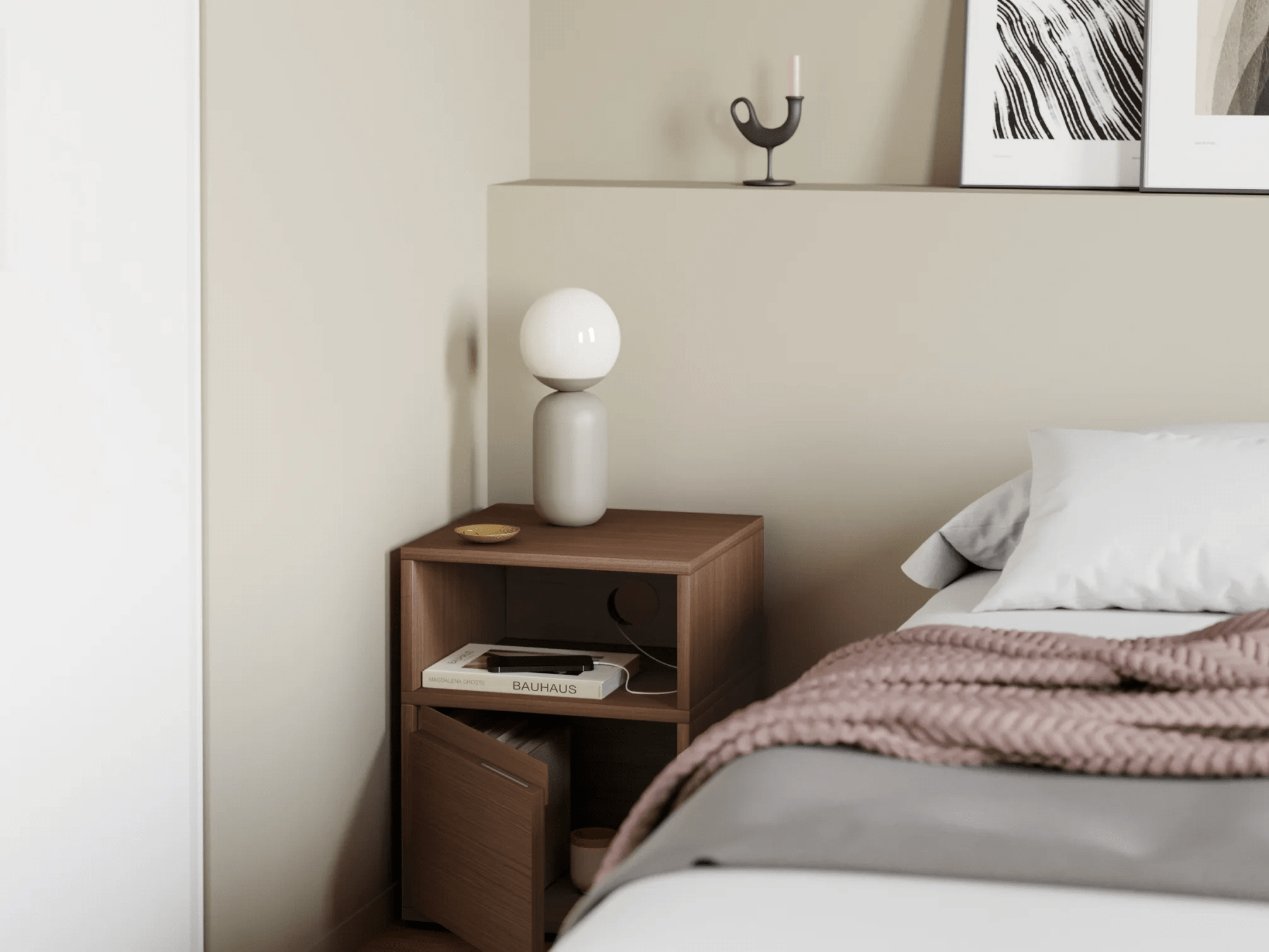 Bedside Table in Walnut with Drawers and Backpanels 3