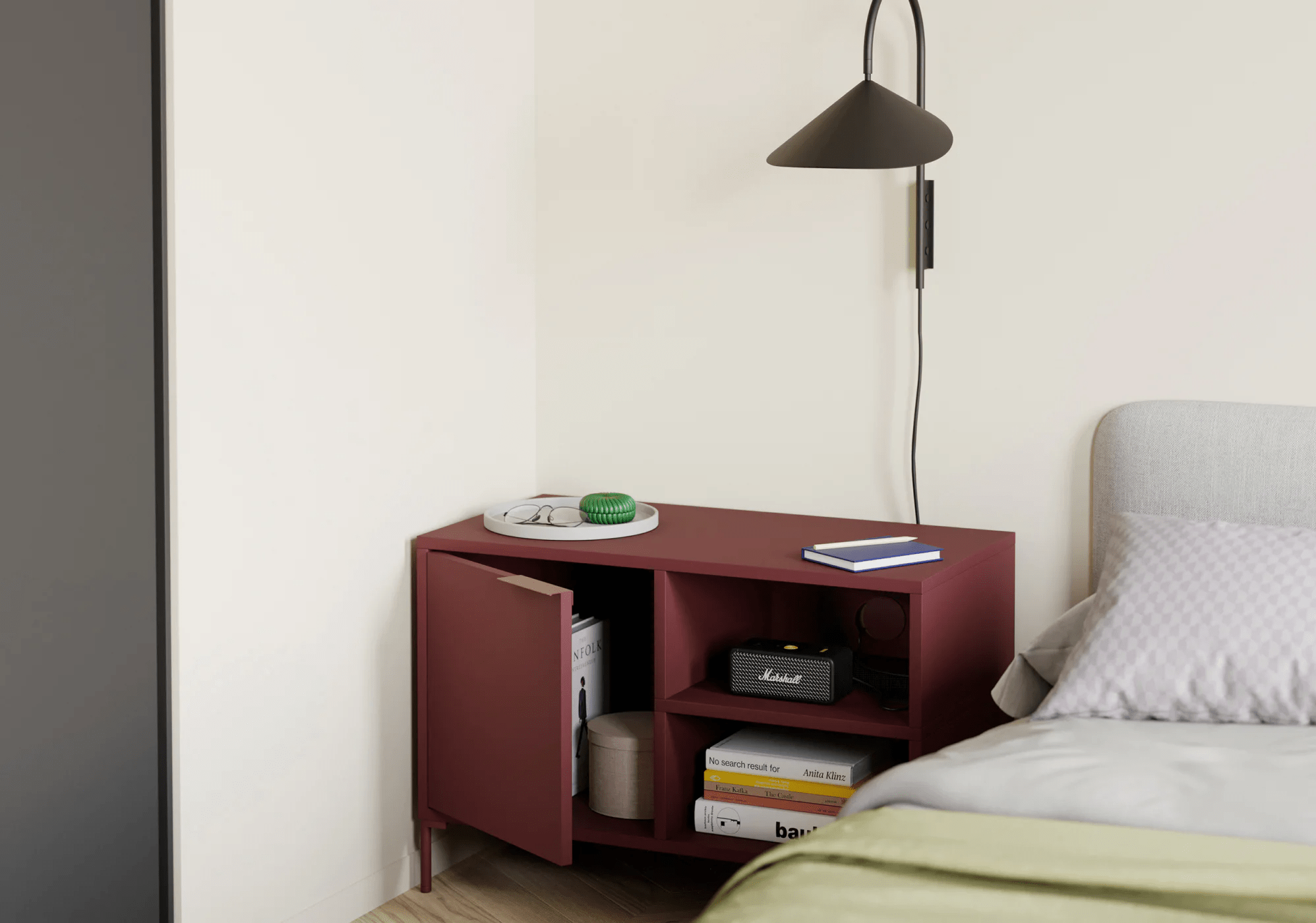 Bedside Table in Burgund with Drawers and Backpanels 2
