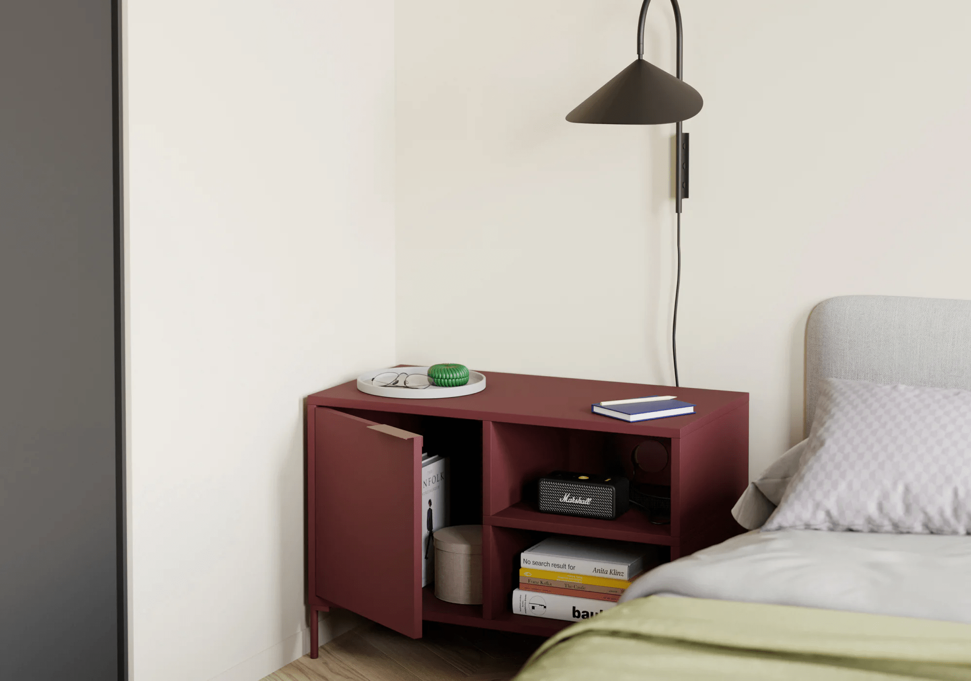 Bedside Table in Burgund with Backpanels and Legs 2