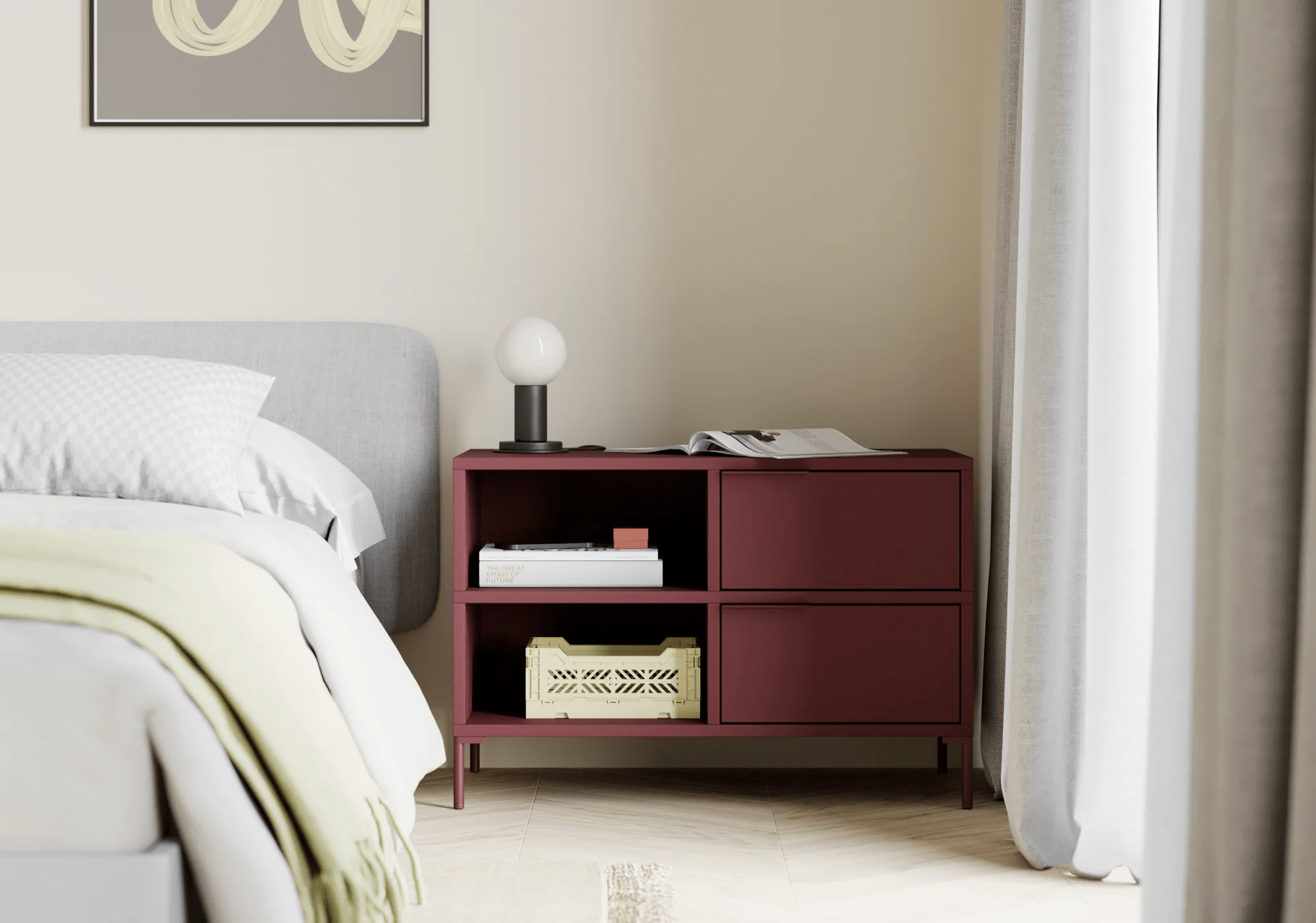 Bedside Table in Burgund with Backpanels and Legs 3