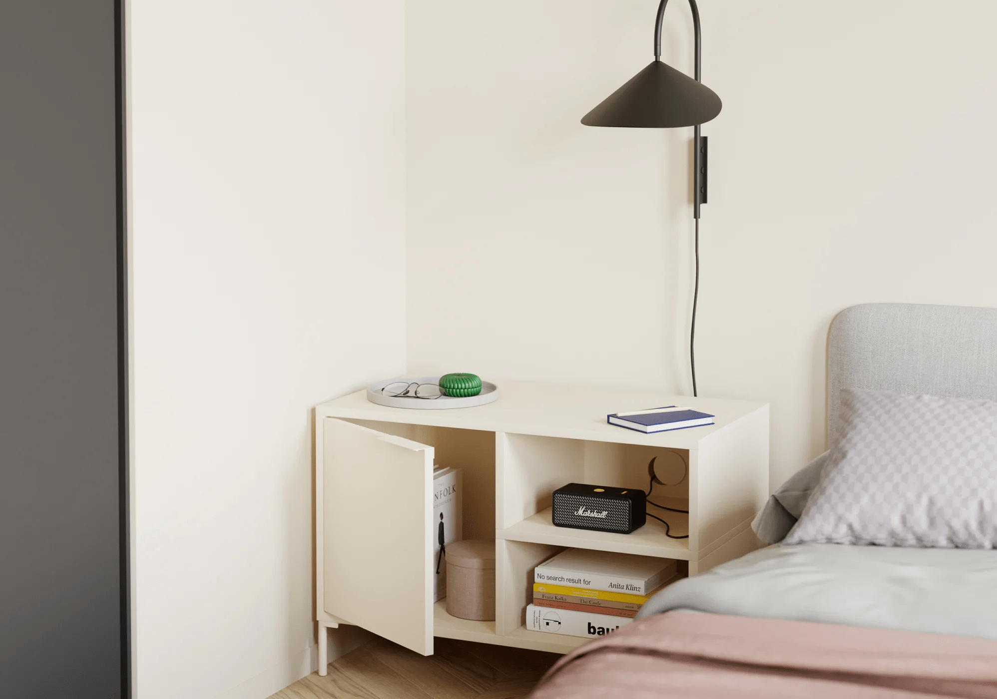 Bedside Table in Beige with Doors and Backpanels 2