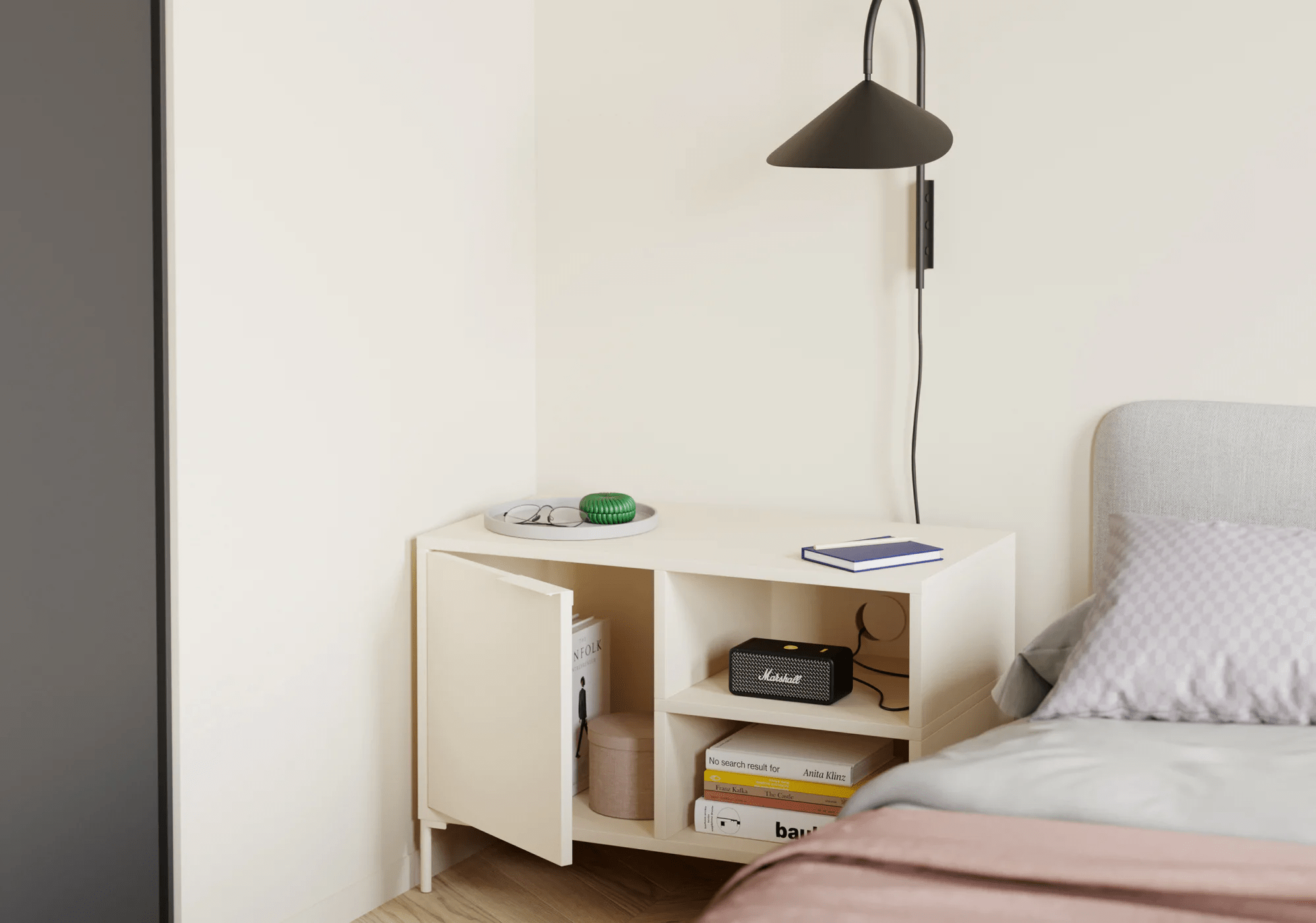 Bedside Table in Beige with Drawers and Backpanels 2