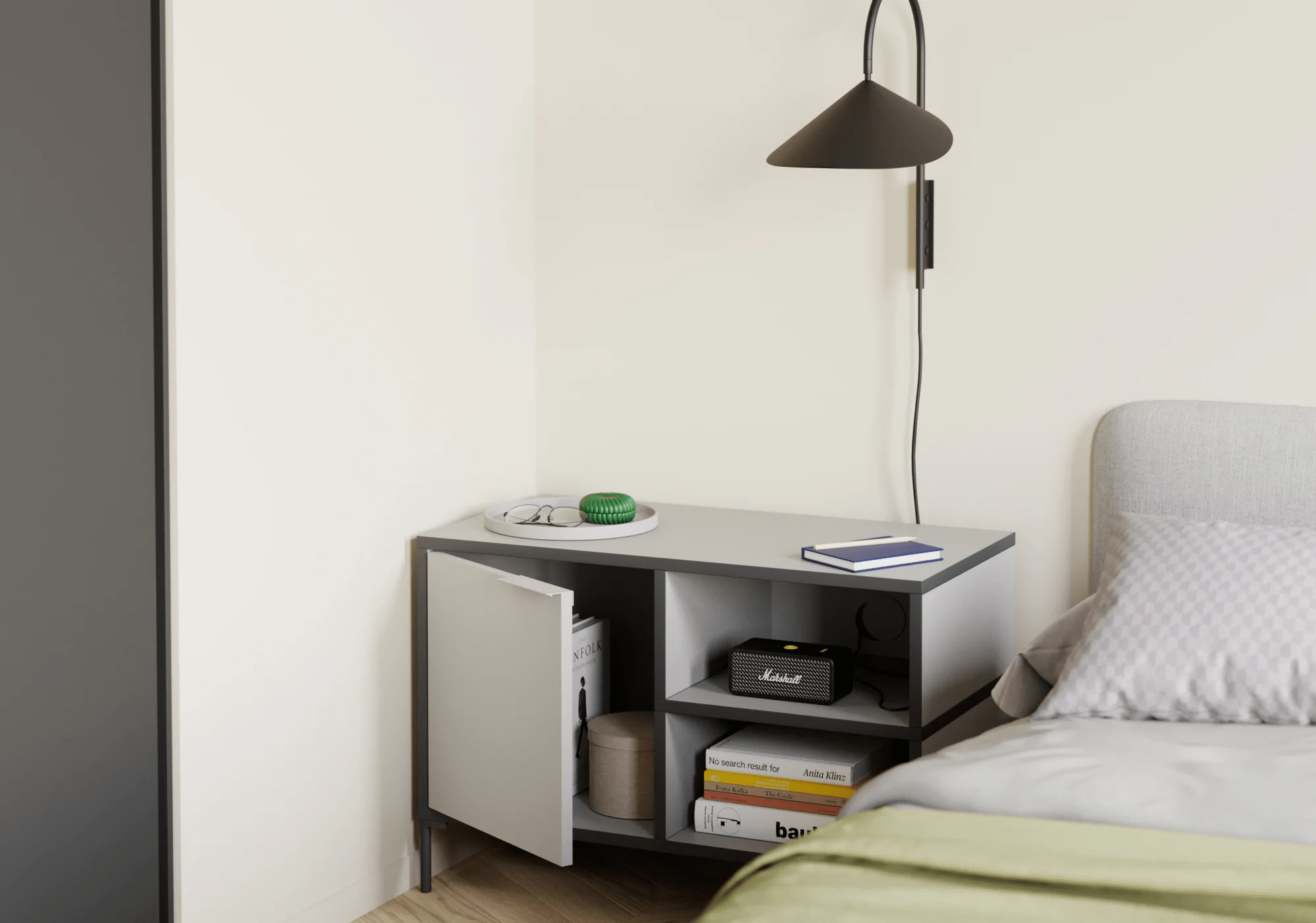 Bedside Table in Grey with Doors and Backpanels 2