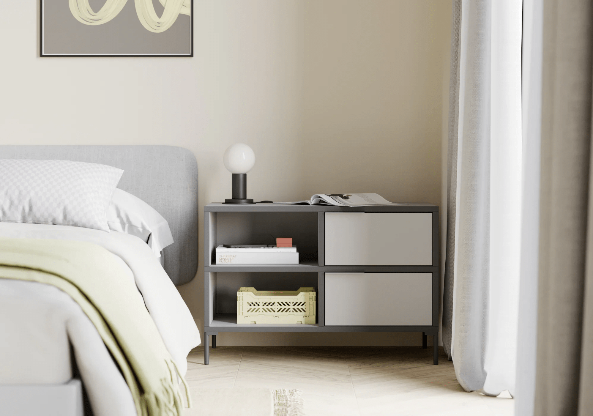 Bedside Table in Grey with Doors and Drawers 3