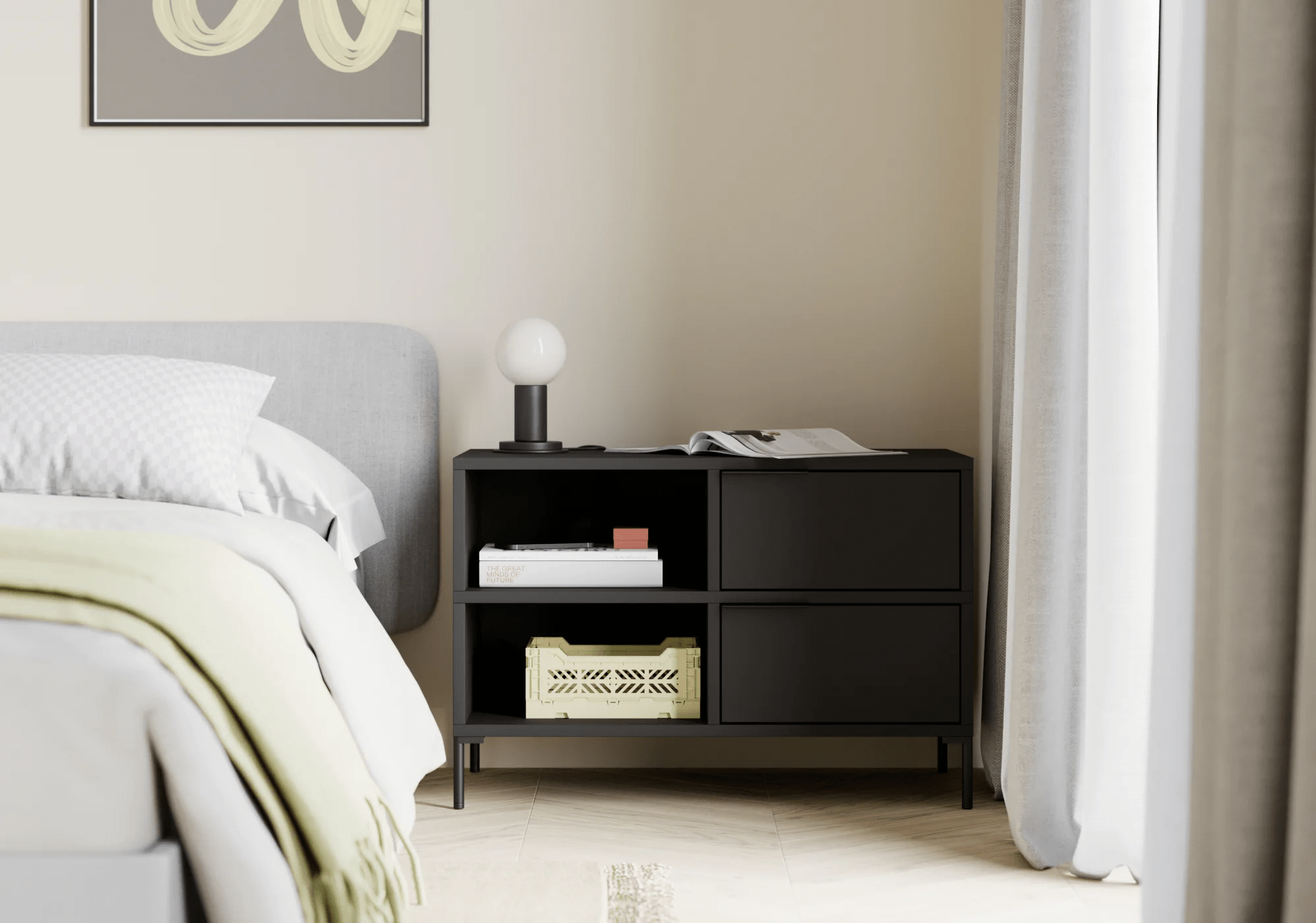 Bedside Table in Black with Drawers and Backpanels 3