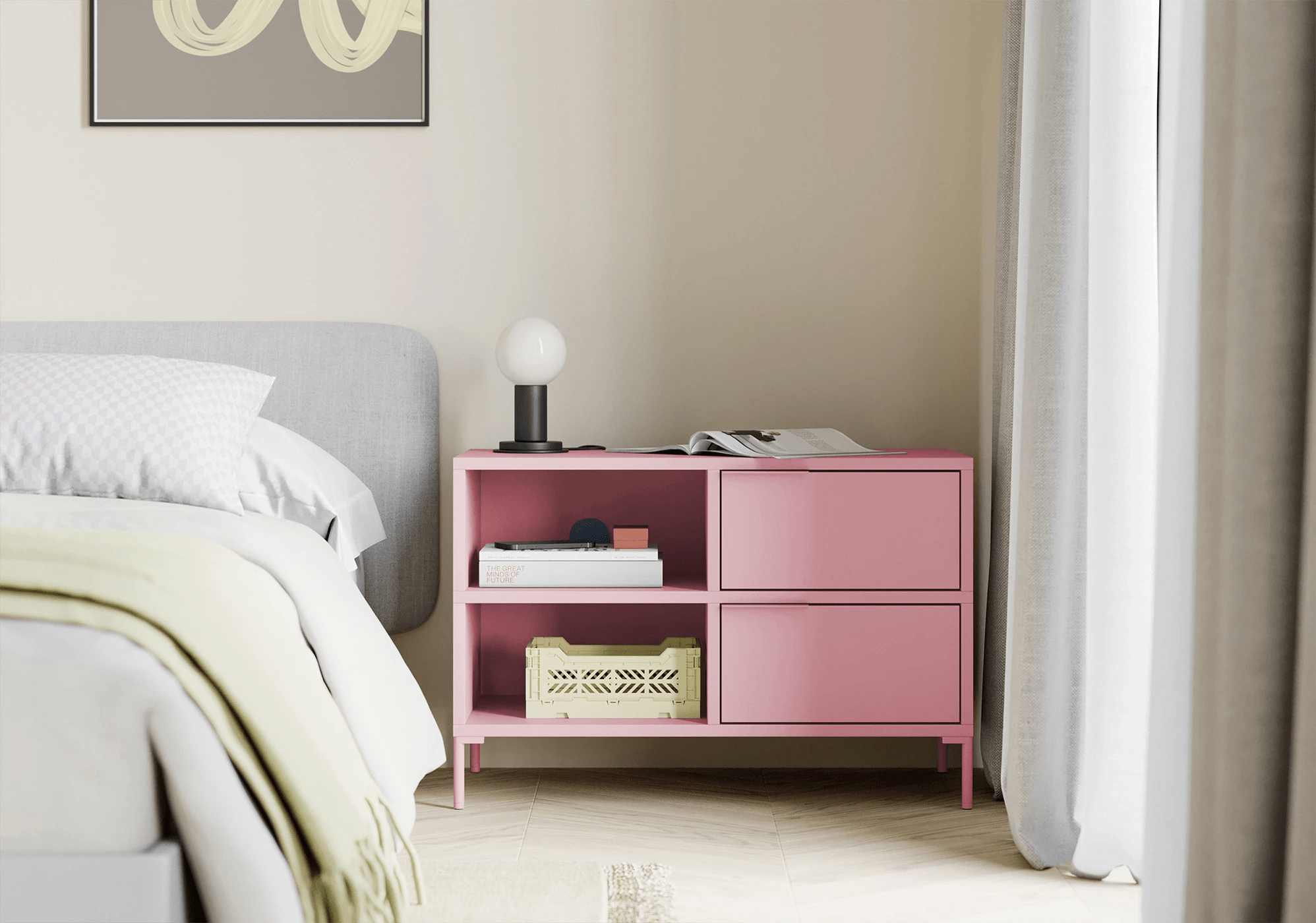 Bedside Table in Reisinger Pink with Doors and Drawers 3