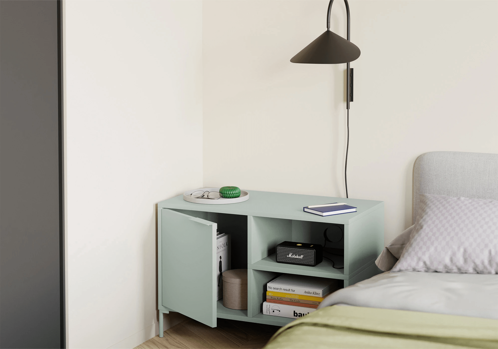 Bedside Table in Green with Doors and Backpanels 2