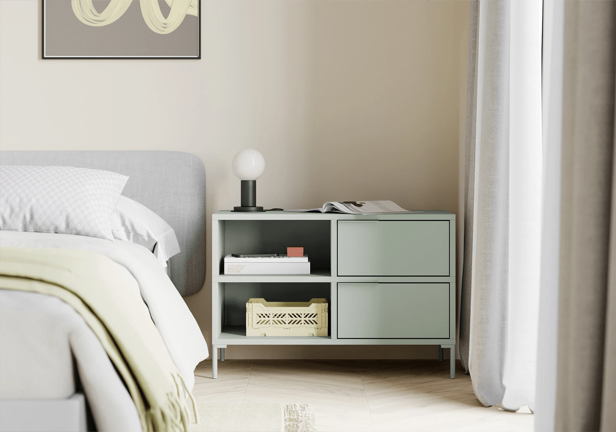 Bedside Table in Green with Doors and Drawers 3