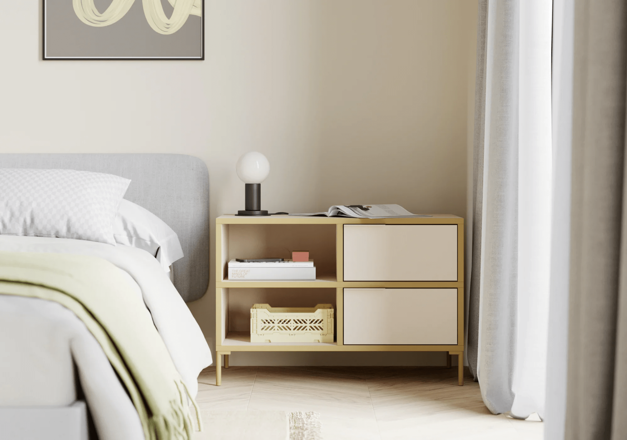 Bedside Table in Sand and Yellow with Drawers and Backpanels 3