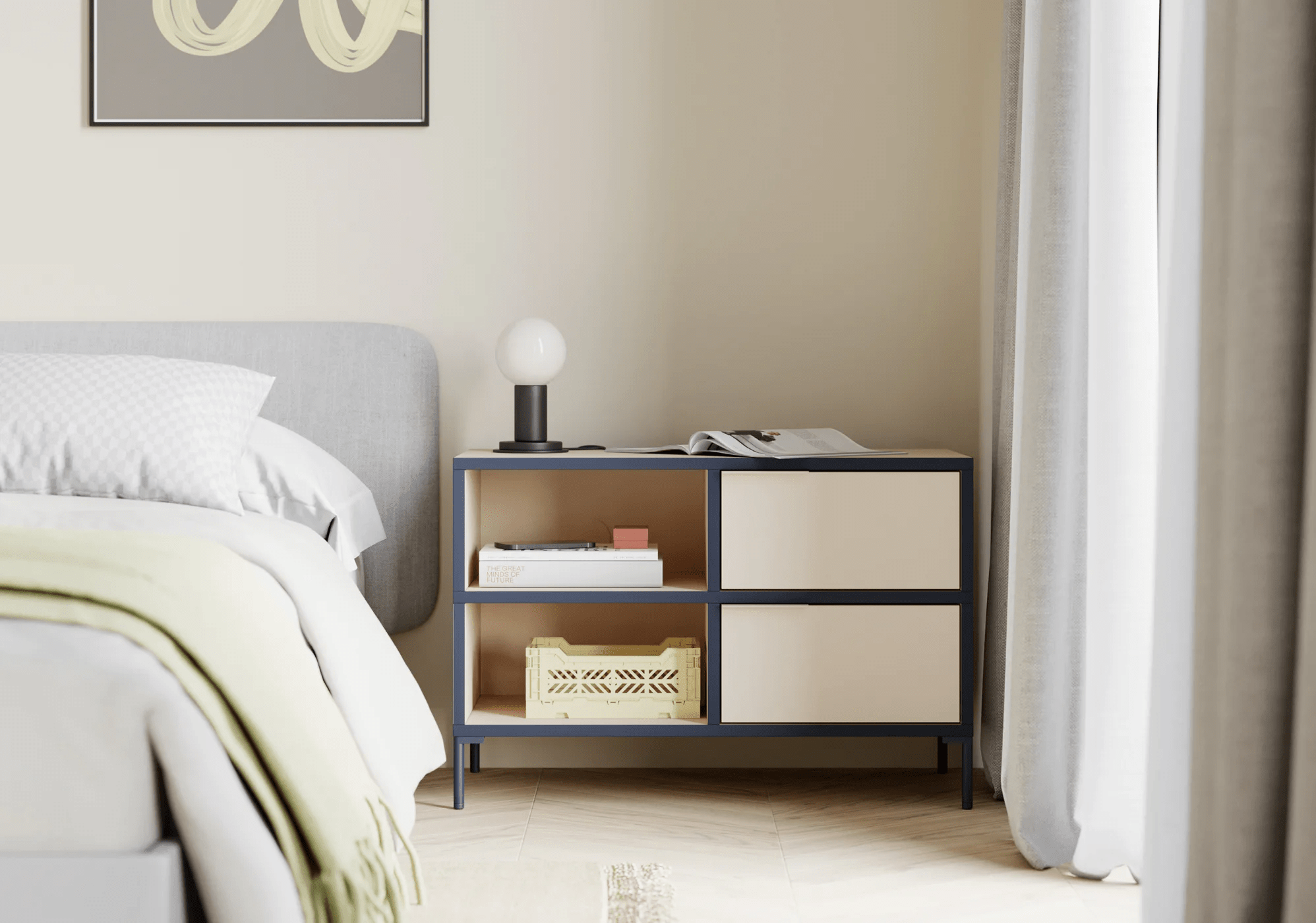 Bedside Table in Sand and Blue with Backpanels and Legs 3