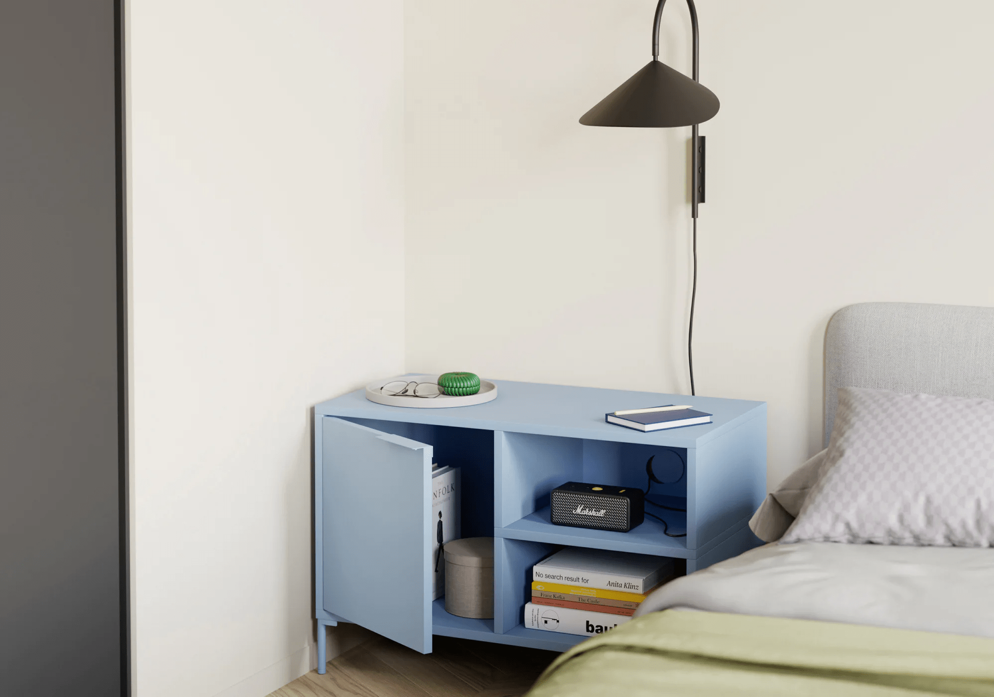 Bedside Table in Blue with Backpanels and Legs 2