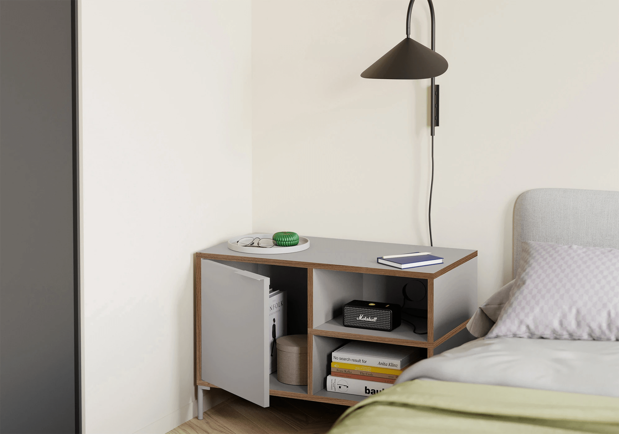 Bedside Table in Stone Grey and Walnut with Doors and Backpanels 2