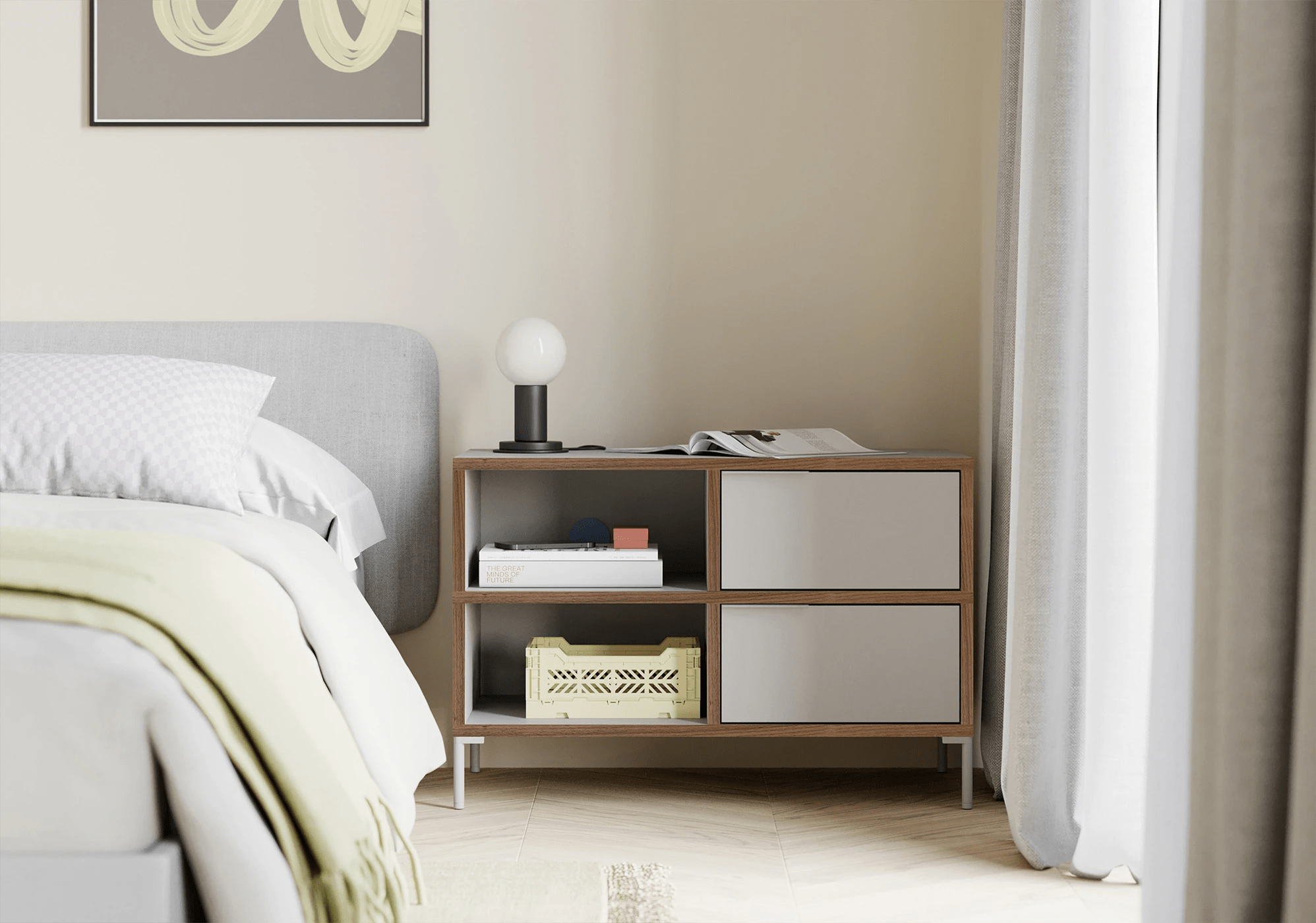 Large Stone Grey + Walnut Veneer Bedside Table with Doors and Drawers - 71x93x32cm 3