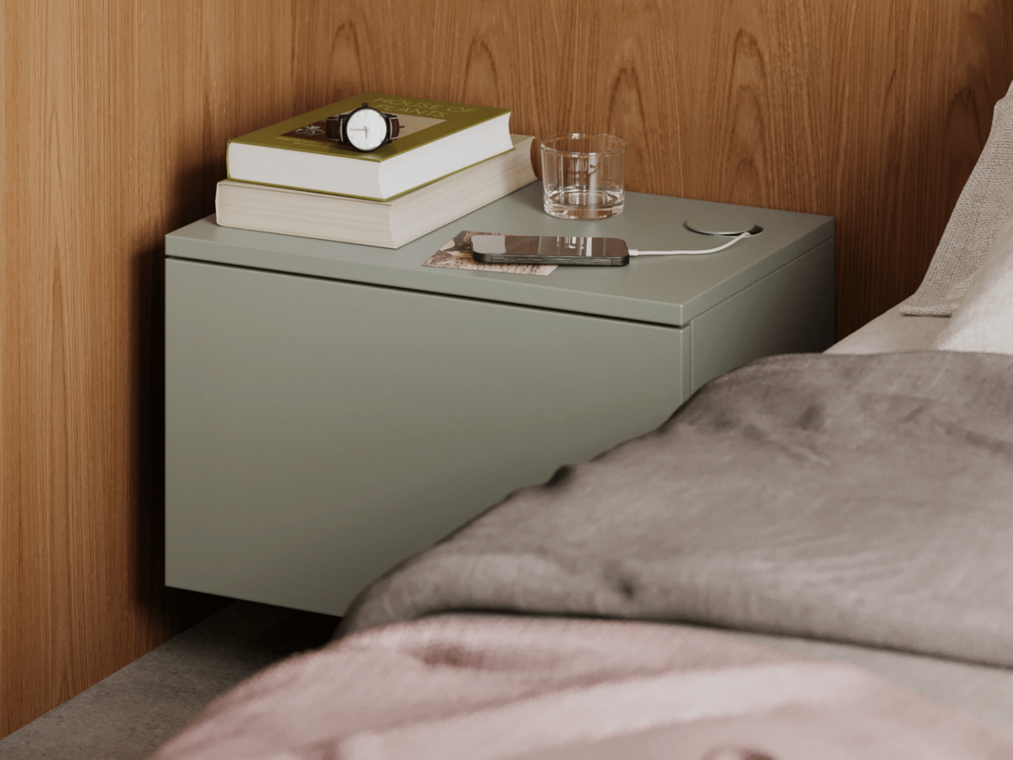 Bedside Table in Green with External Drawers 2