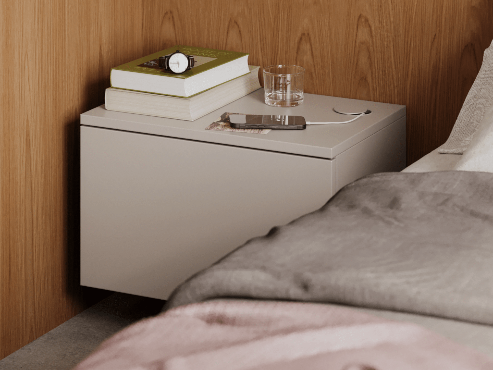 Bedside Table in Beige with External Drawers 2