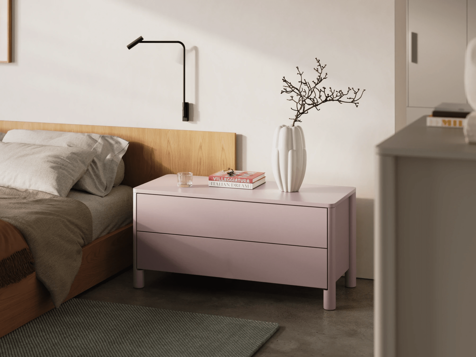 Bedside Table in Pink with External Drawers 2