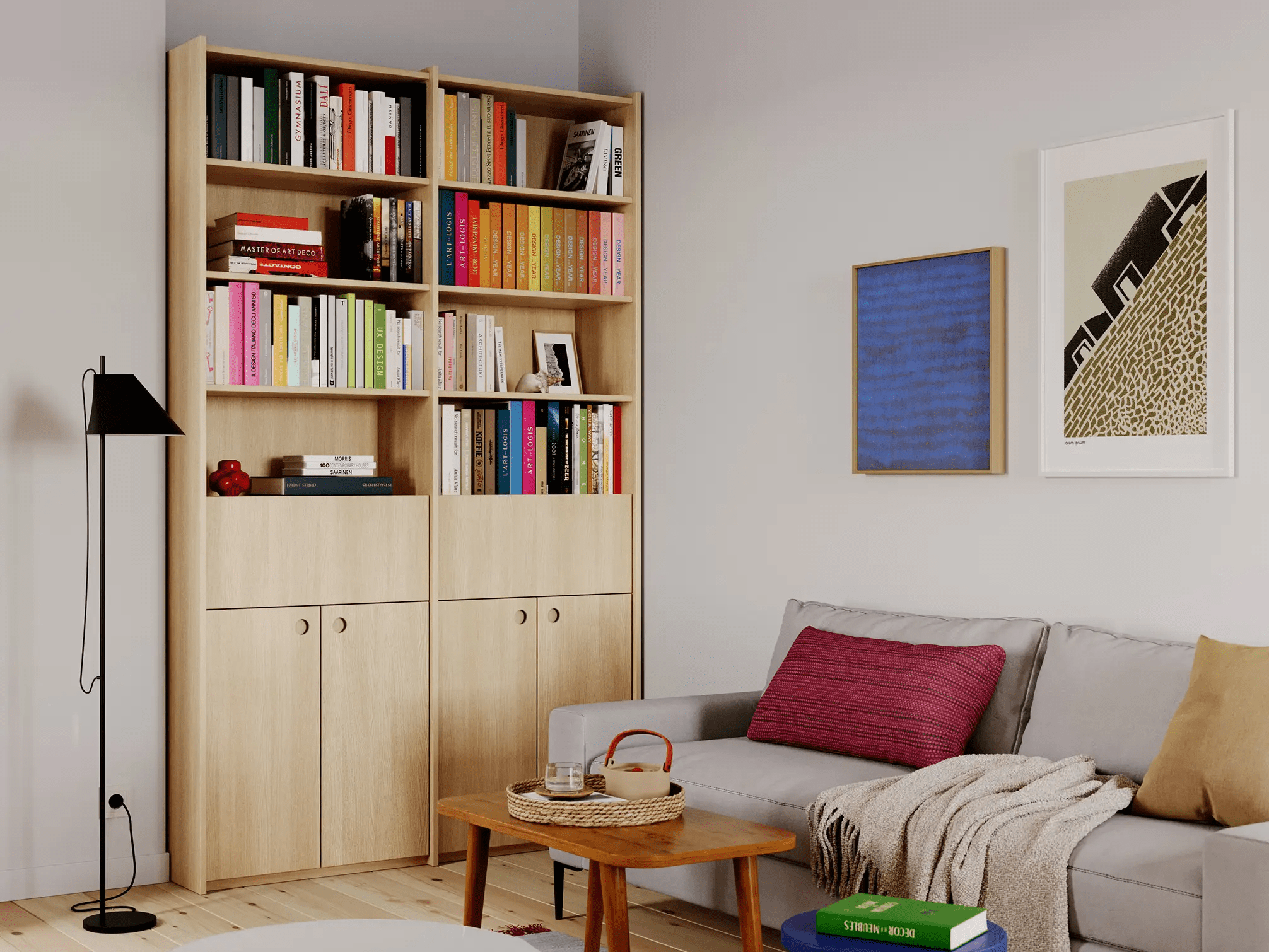 Bookcase in Light Wood Effect with External Drawers 1