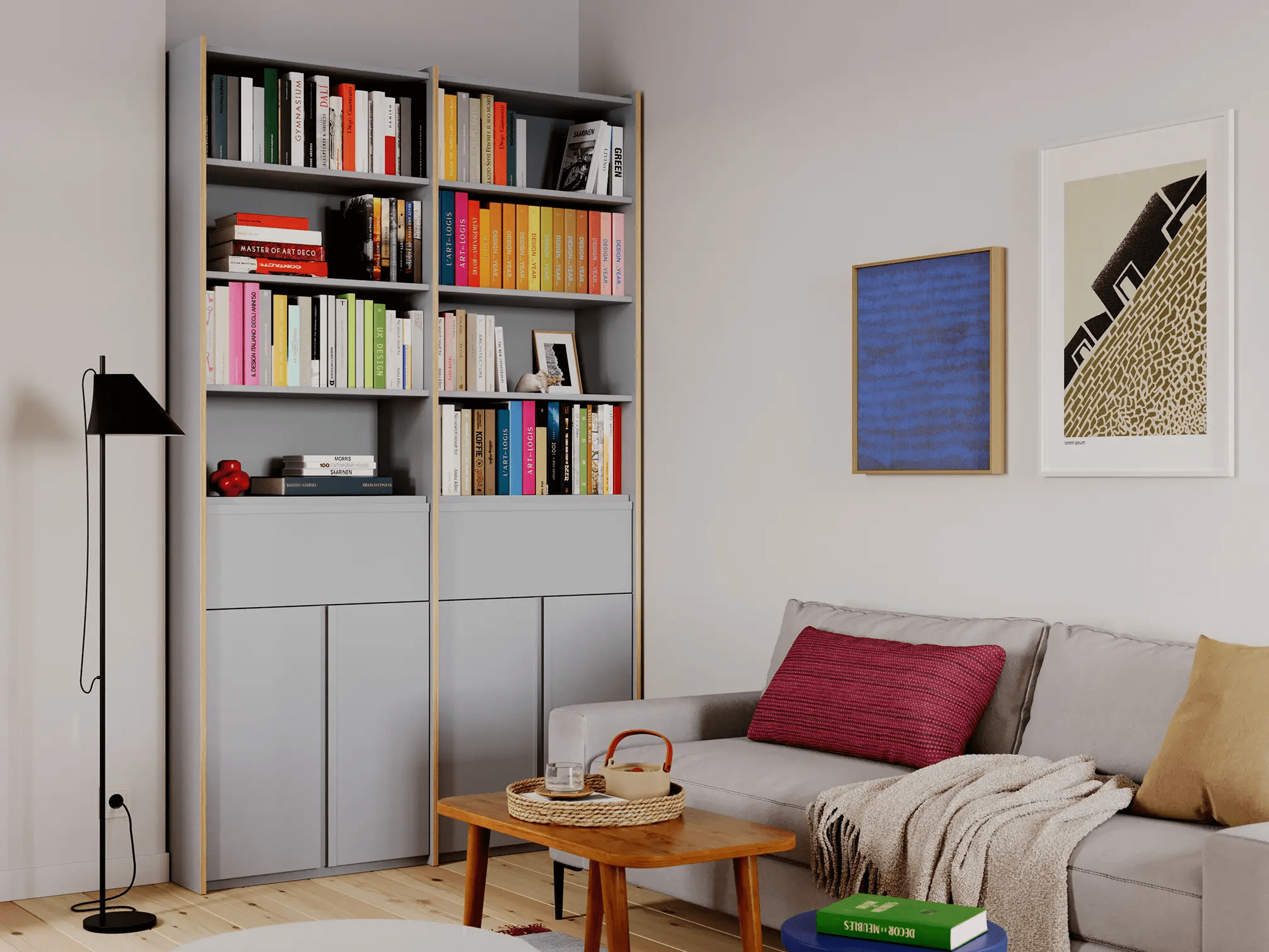 Bookcase in Grey with External Drawers 1