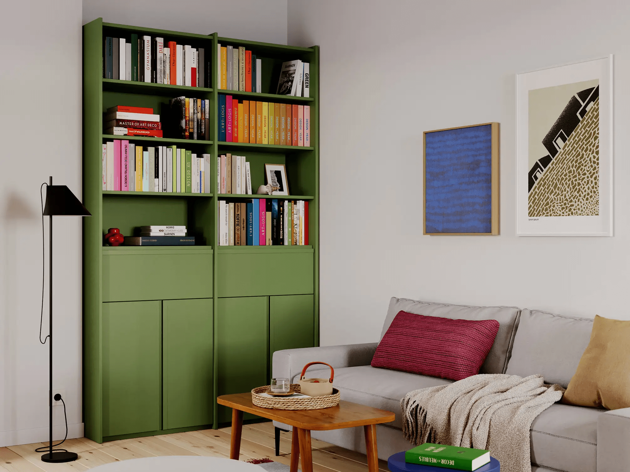 Bücherregal in Grün mit Aussen Schubladen 1