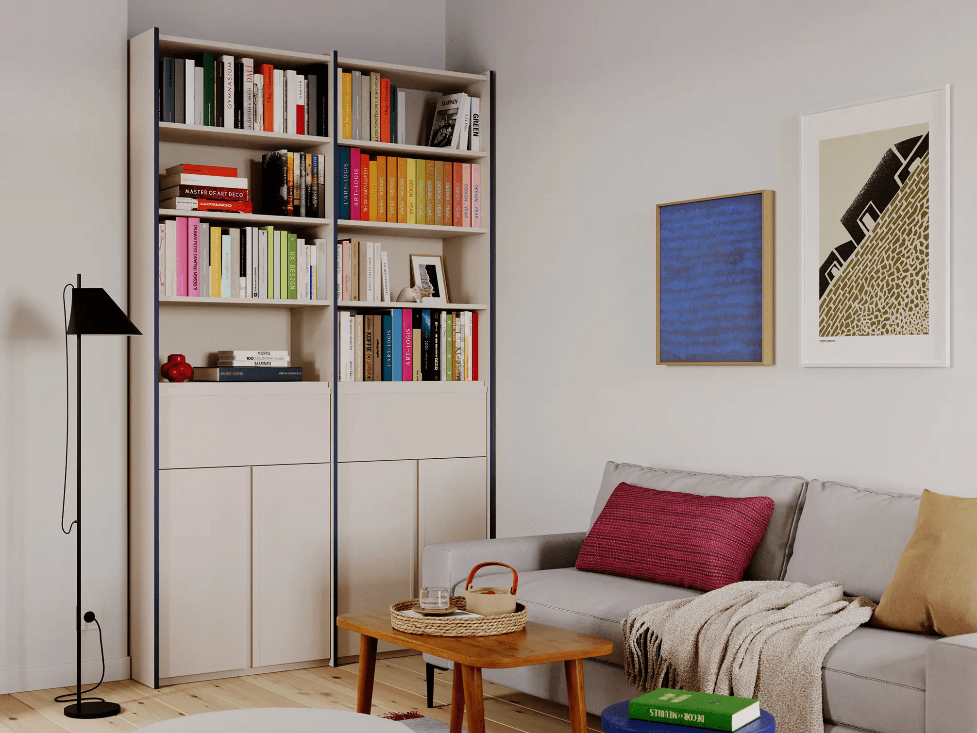 Bookcase in Sand and Blue with External Drawers 1