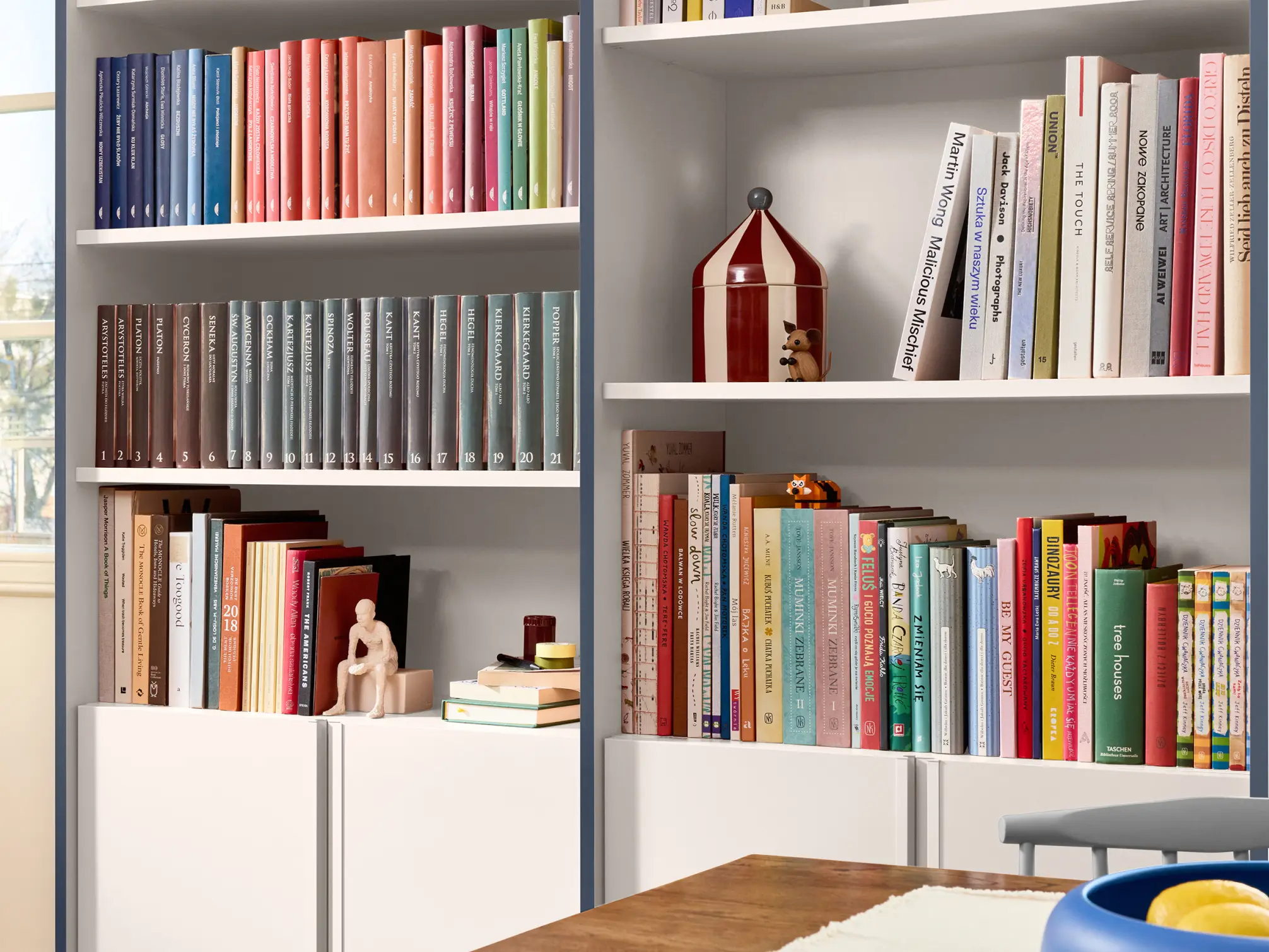 Bookcase in Sand and Blue with External Drawers 2