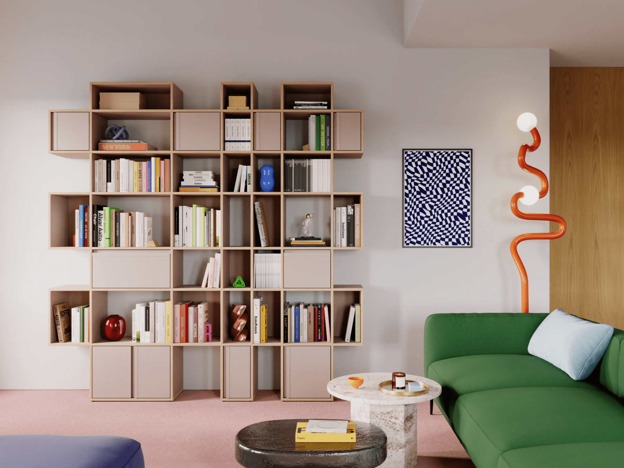 Bücherregal in Rosa mit Türen und Schubladen 1