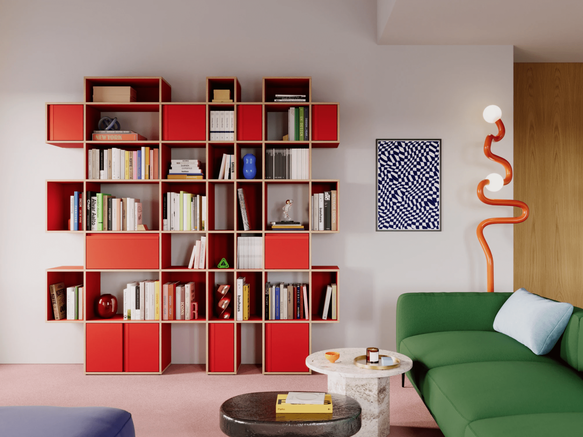 Bücherregal in Rot mit Türen und Schubladen 1