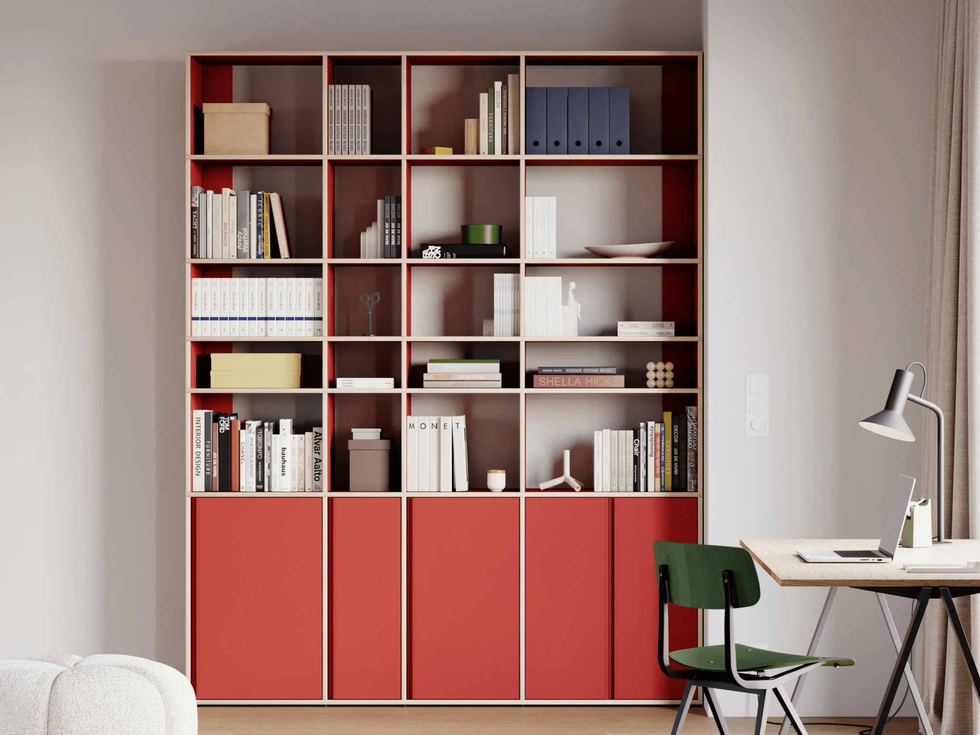 Bücherregal in Rot mit Türen und Schubladen 2