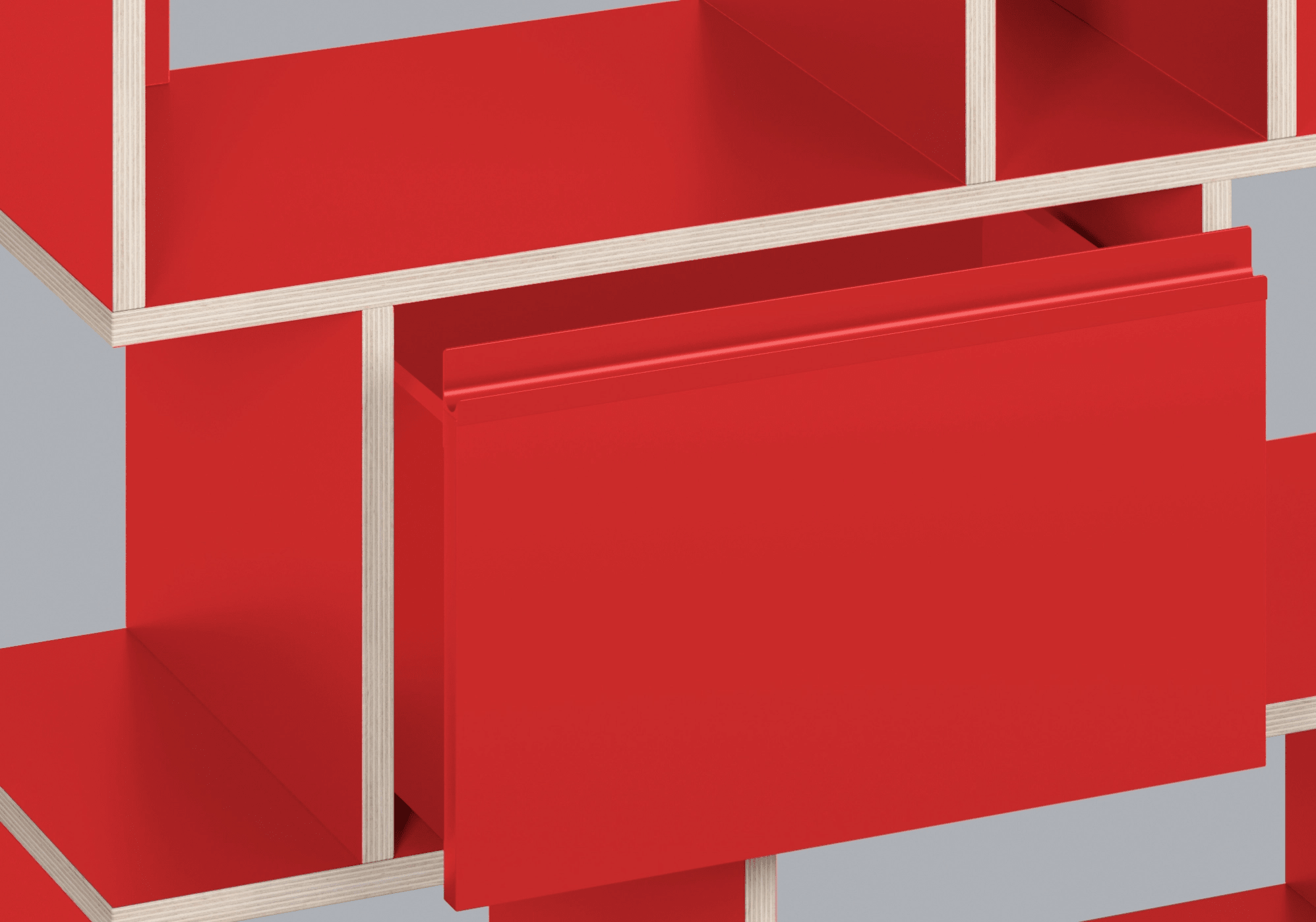 Bücherregal in Rot mit Türen und Schubladen 8