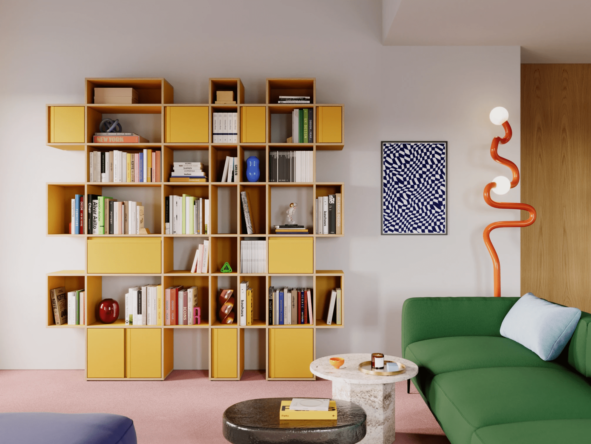 Bücherregal in Gelb mit Türen und Schubladen 1