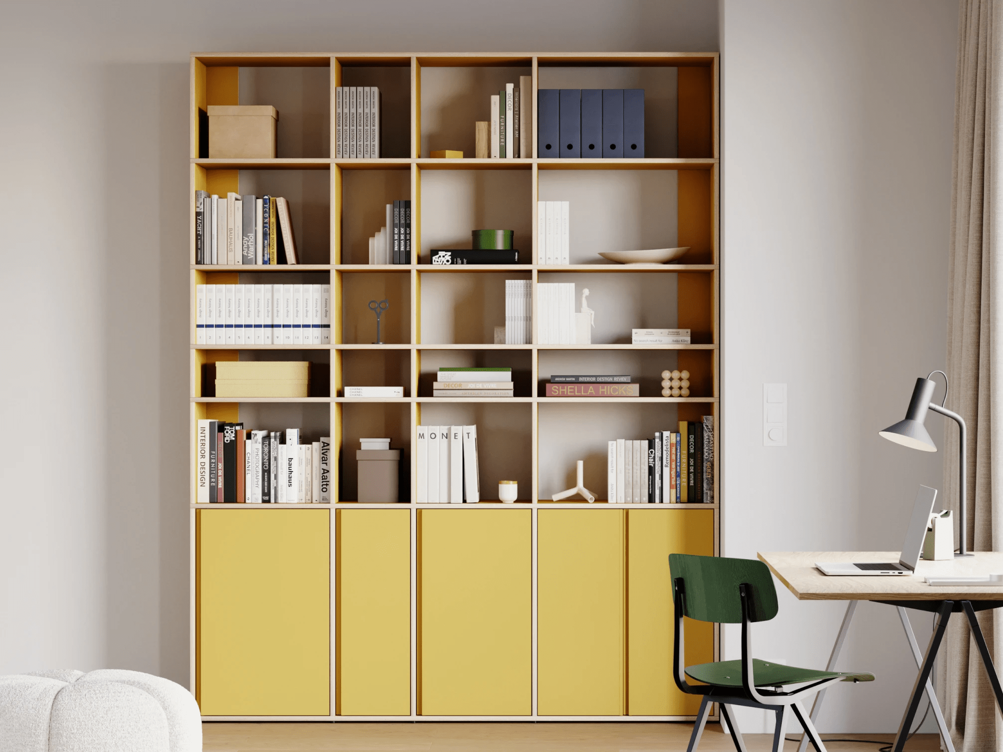 Bücherregal in Gelb mit Türen und Schubladen 2