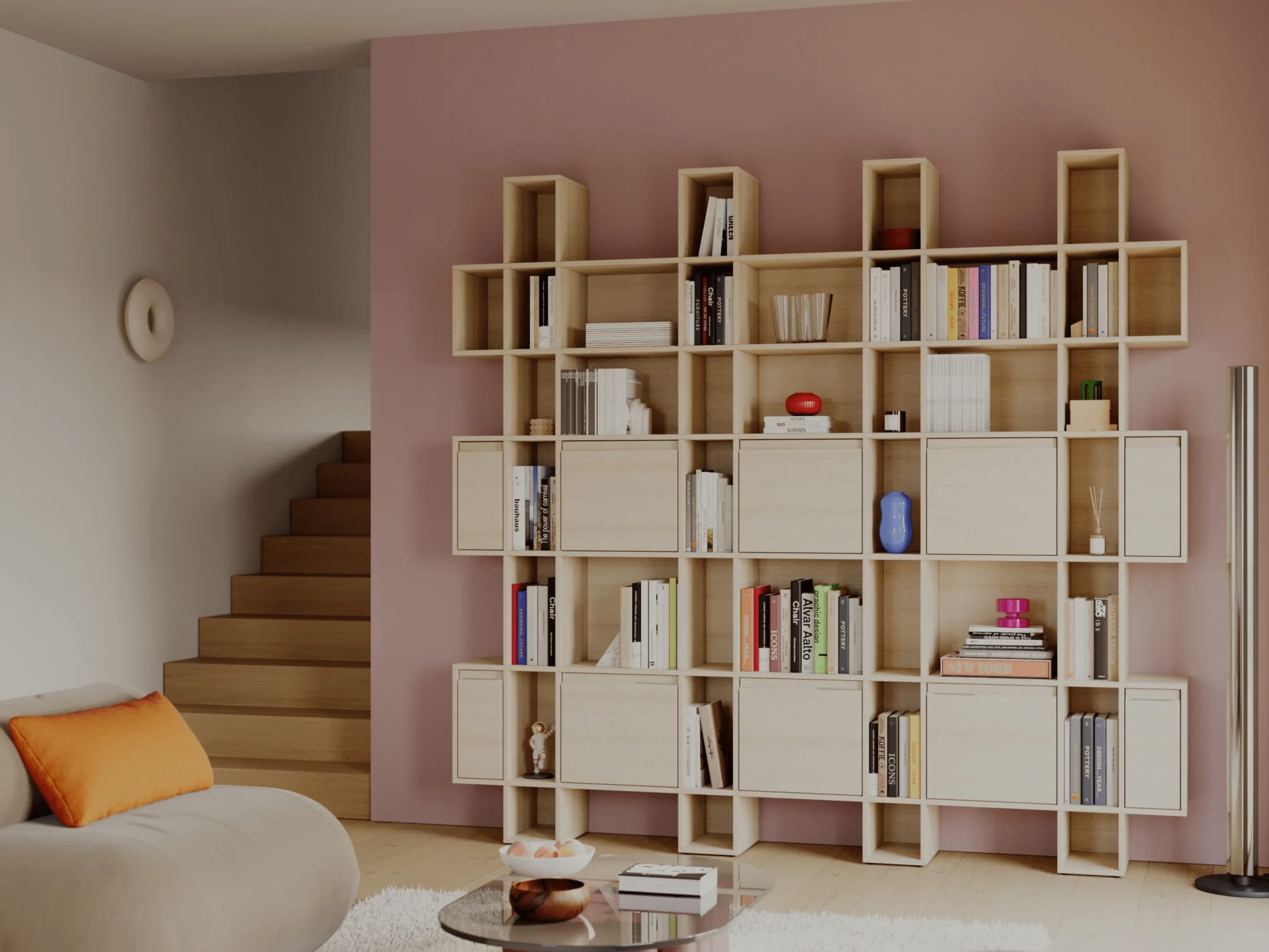 Bookcase in White Oak with Doors and Drawers 1