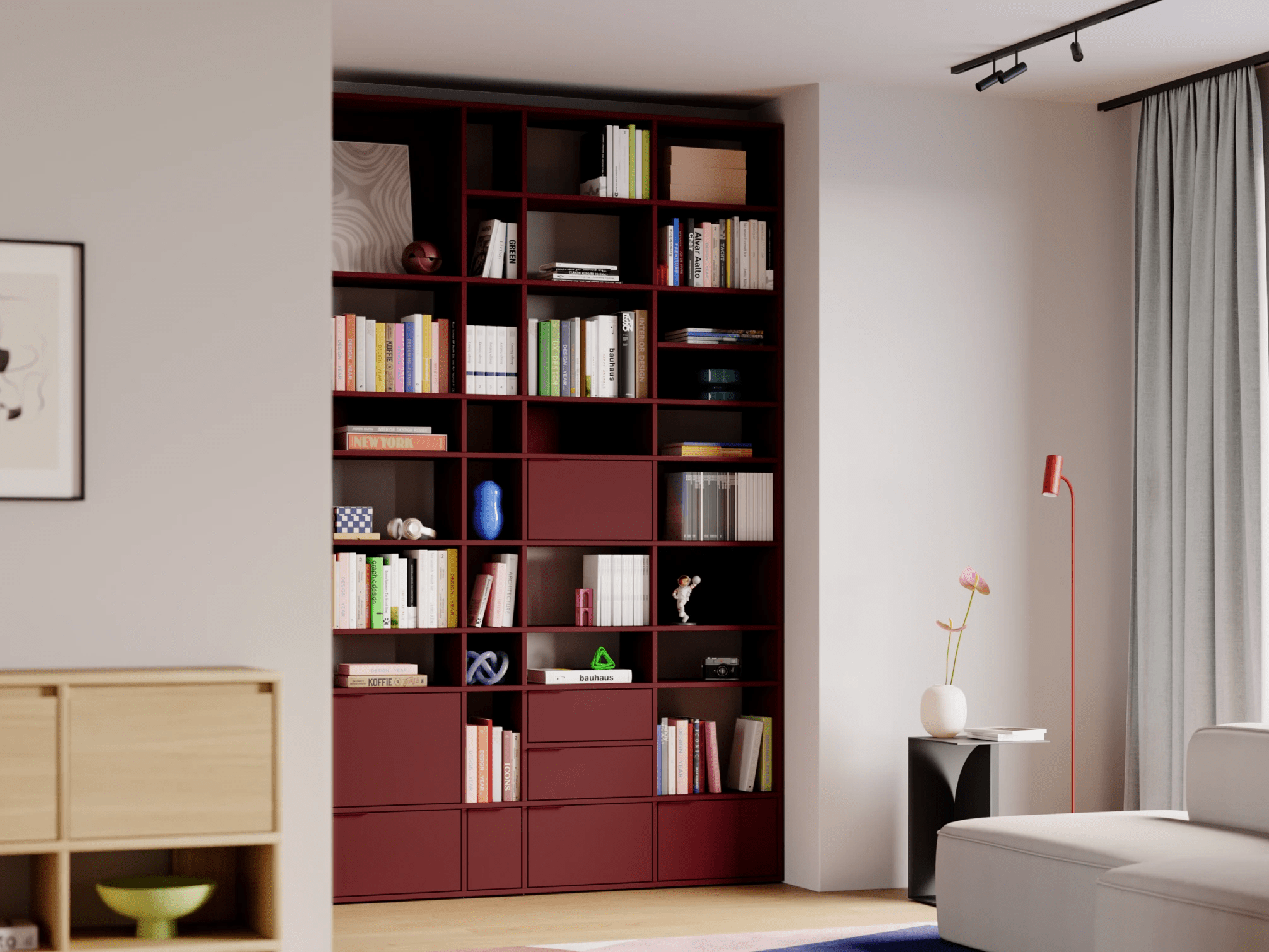 Bookcase in Burgund with Doors and Drawers 1