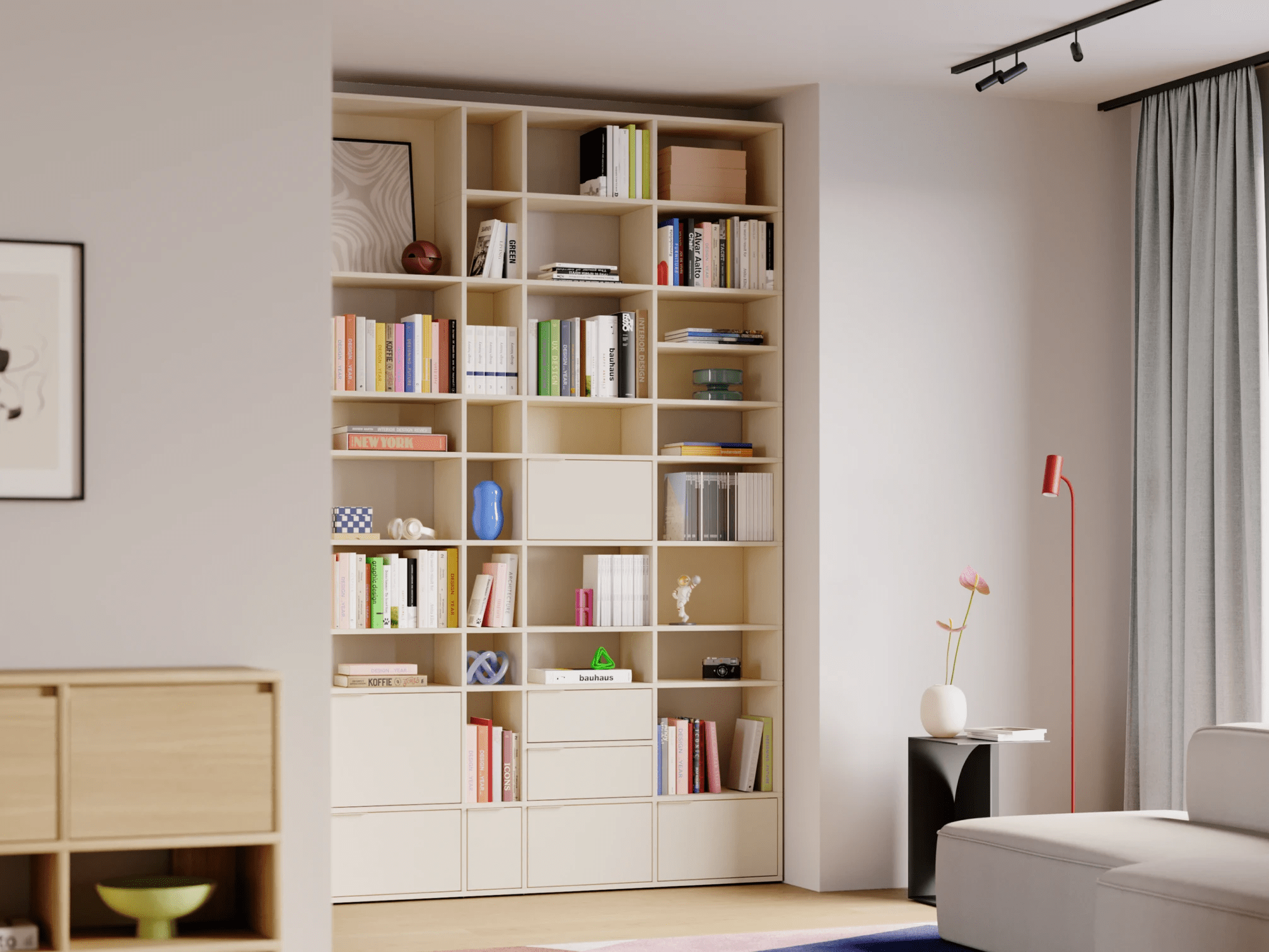 Bücherregal in Beige mit Türen und Schubladen 1