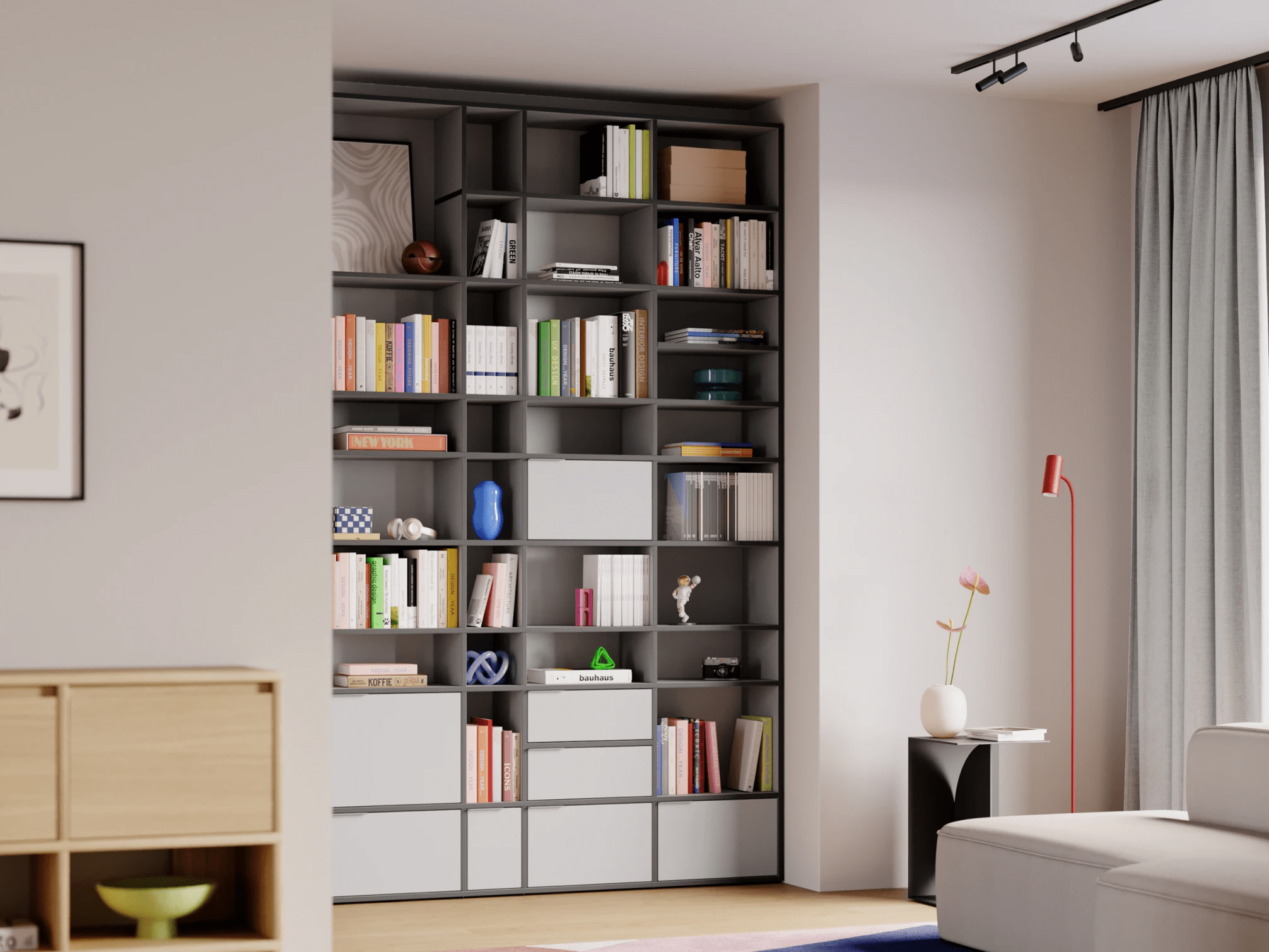 Bookcase in Grey with Drawers 1