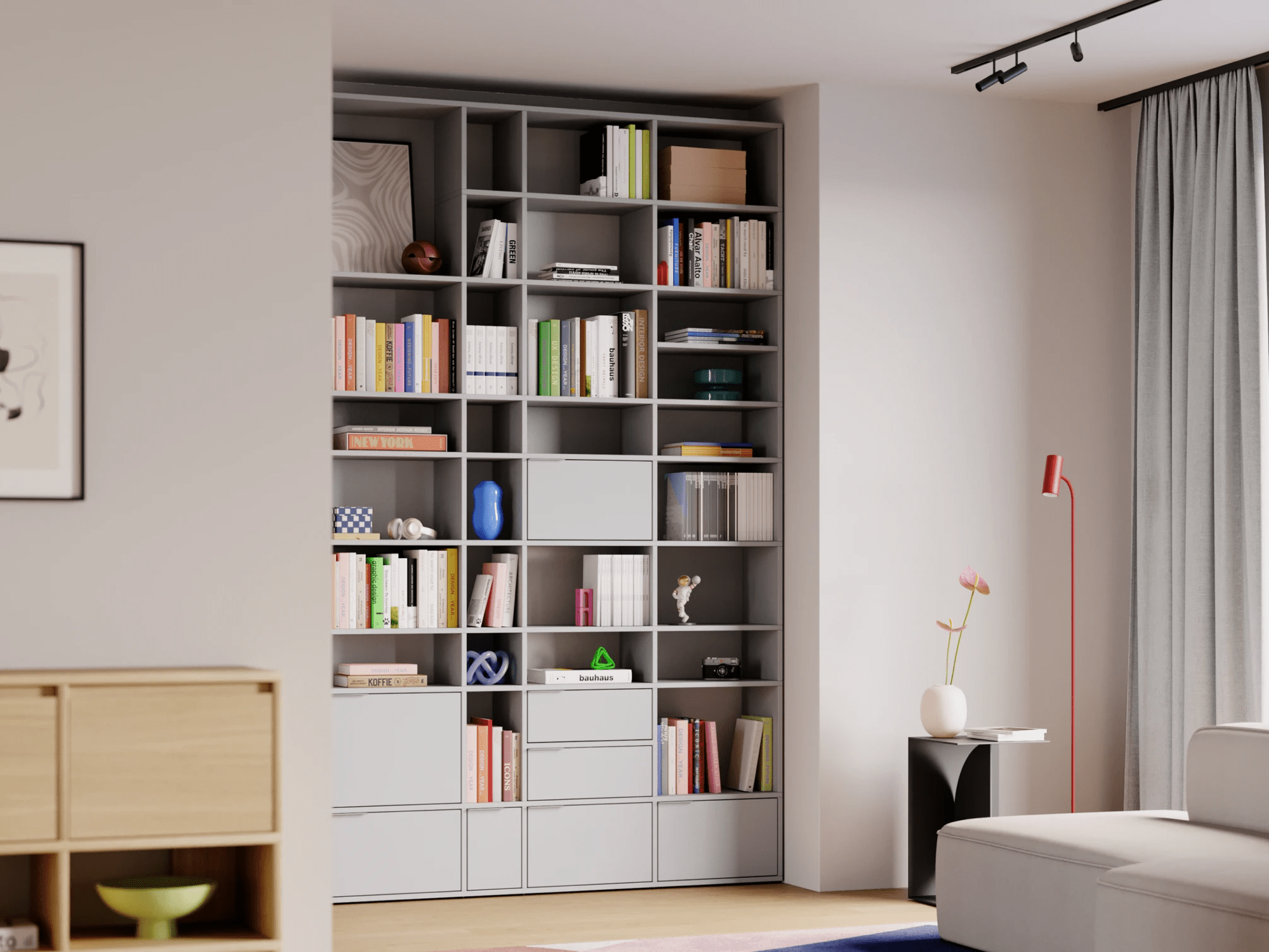 Bookcase in Grey with Doors and Drawers 1