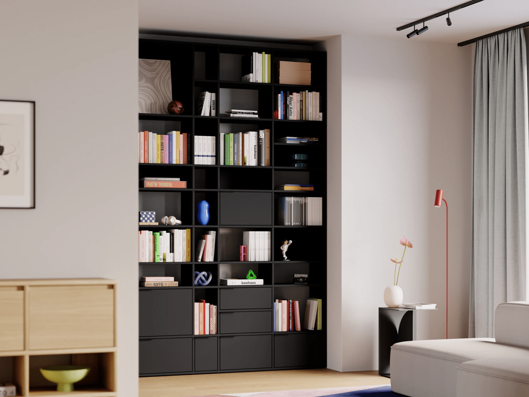 Bücherregal in Schwarz mit Türen und Schubladen 1