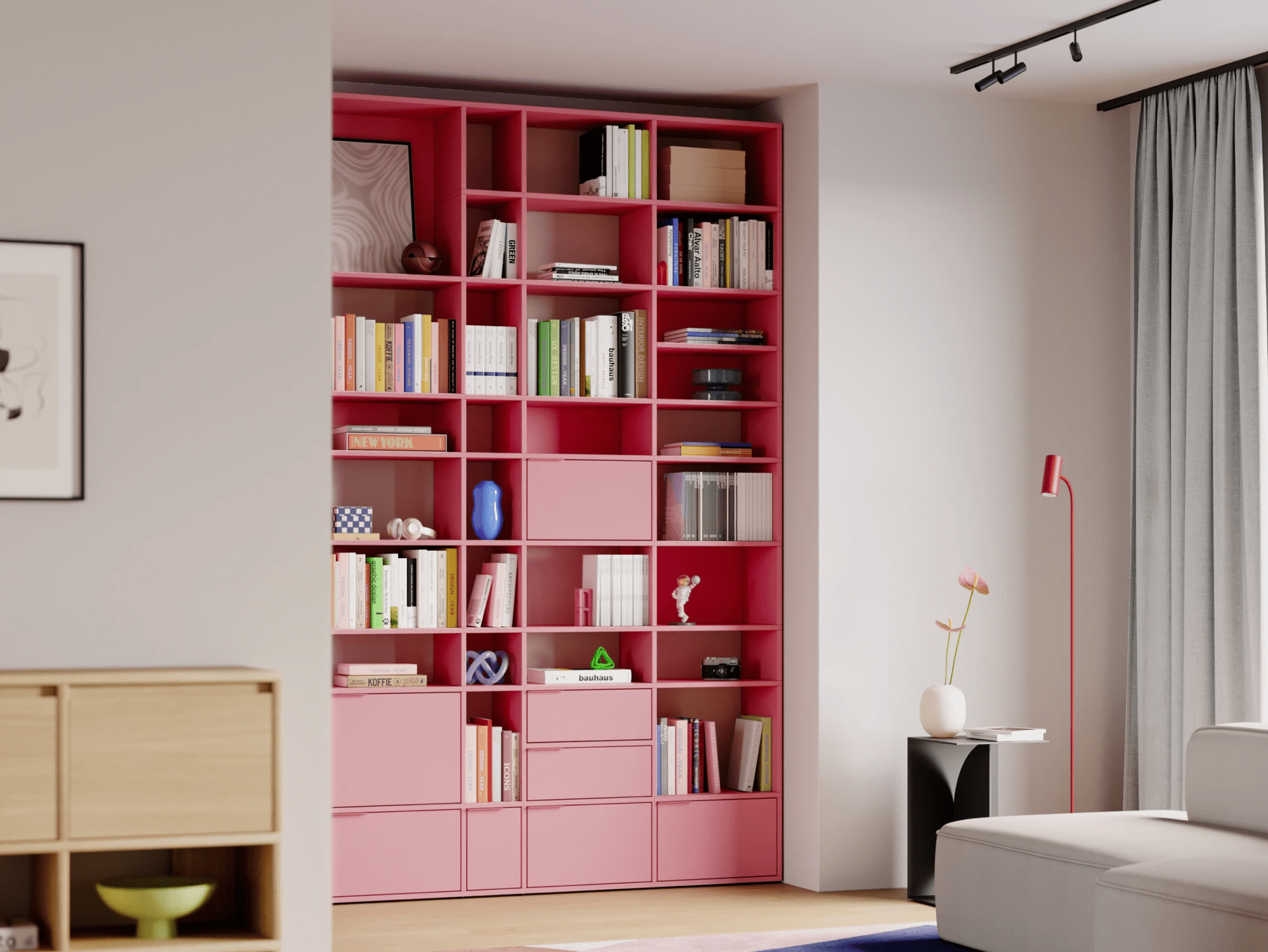 Bücherregal in Reisinger Pink mit Türen und Schubladen 1